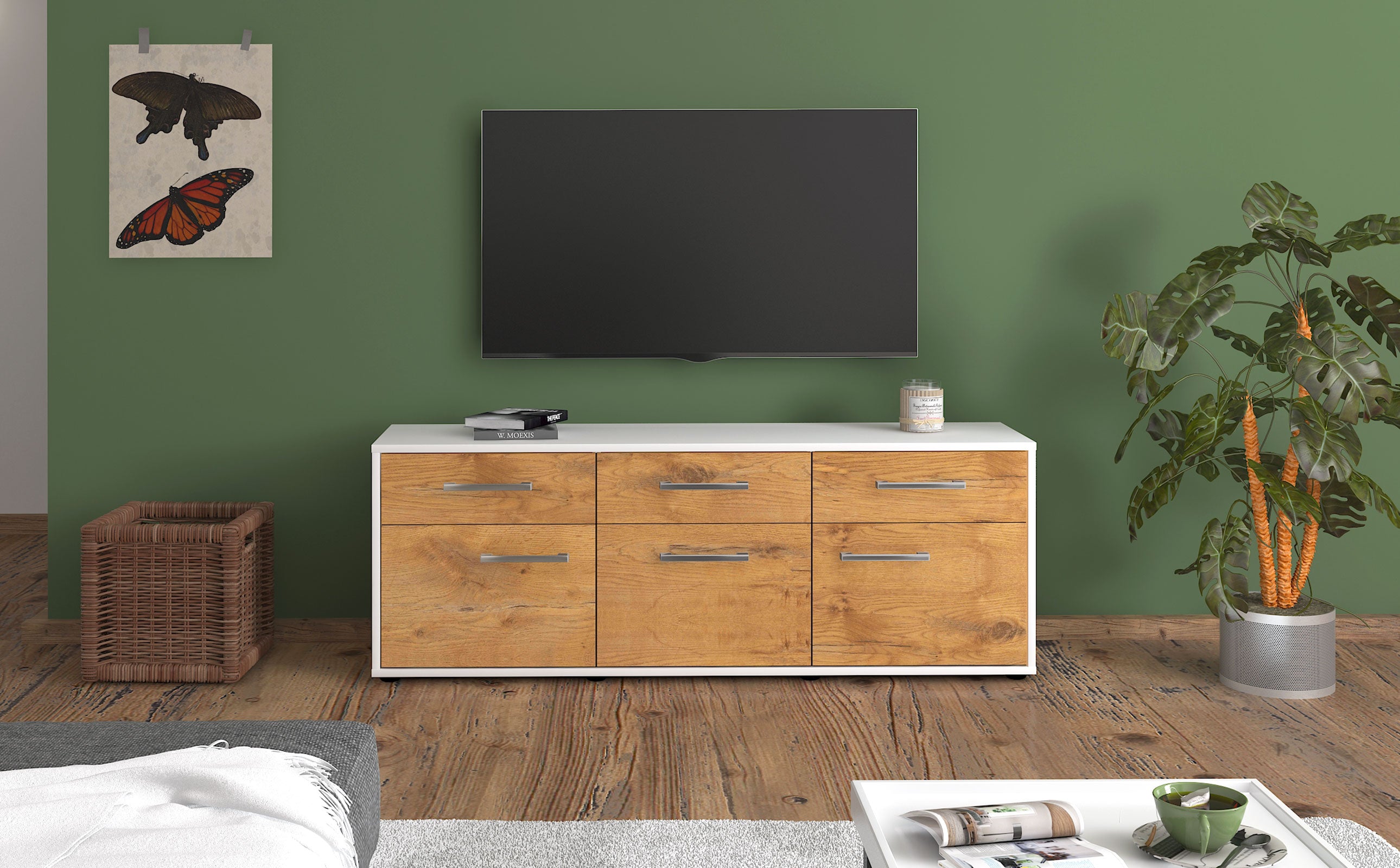 Lowboard - Angela - Design Holzdekor - Freistehend mit Griffe 136 cm Weiss