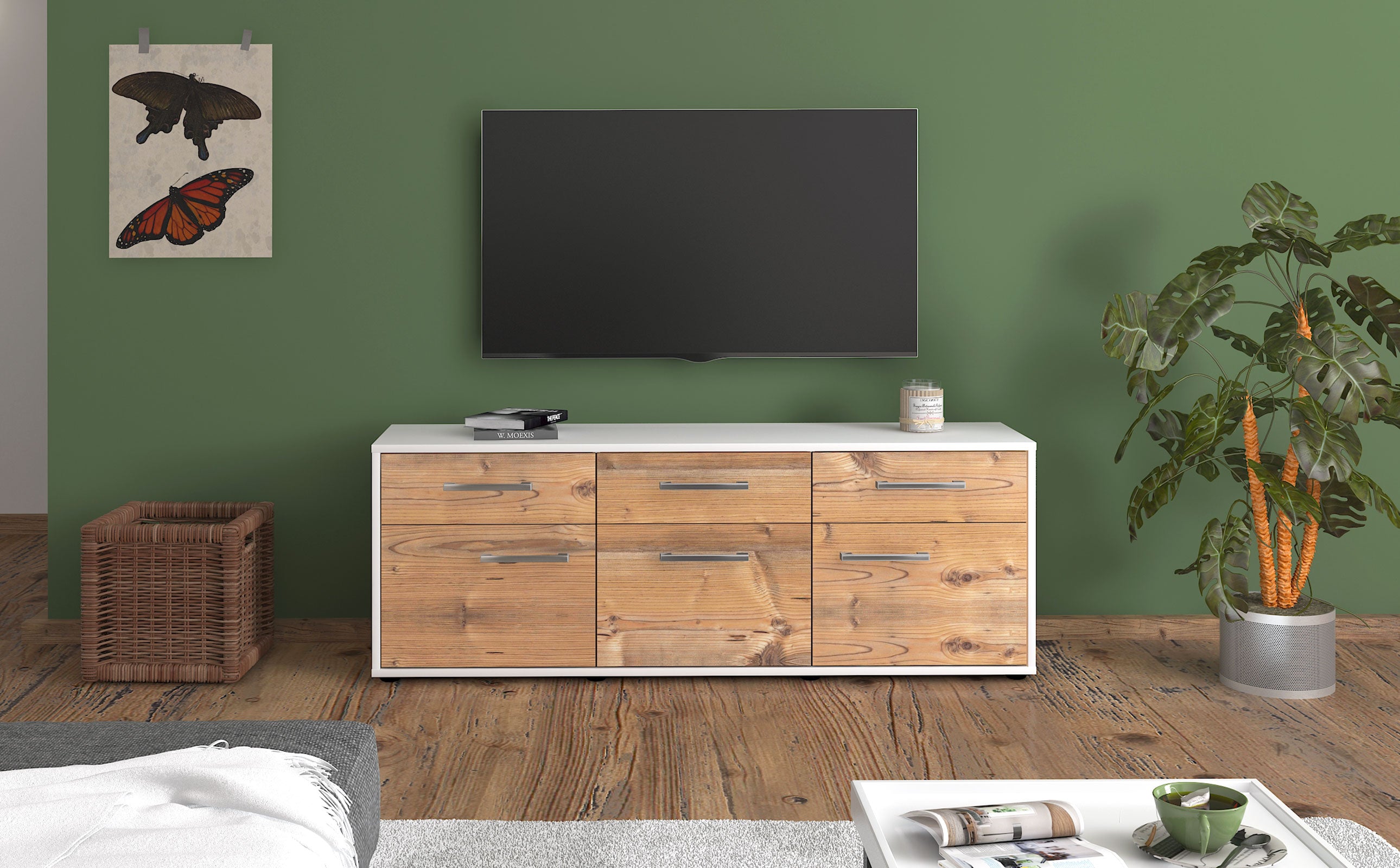 Lowboard - Angela - Design Holzdekor - Freistehend mit Griffe 136 cm Weiss