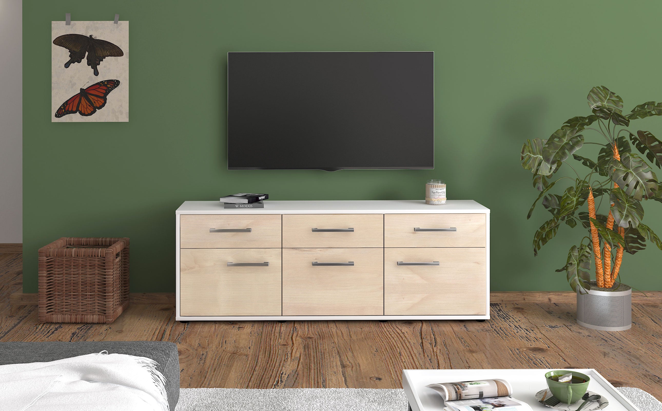 Lowboard - Angela - Design Holzdekor - Freistehend mit Griffe 136 cm Weiss