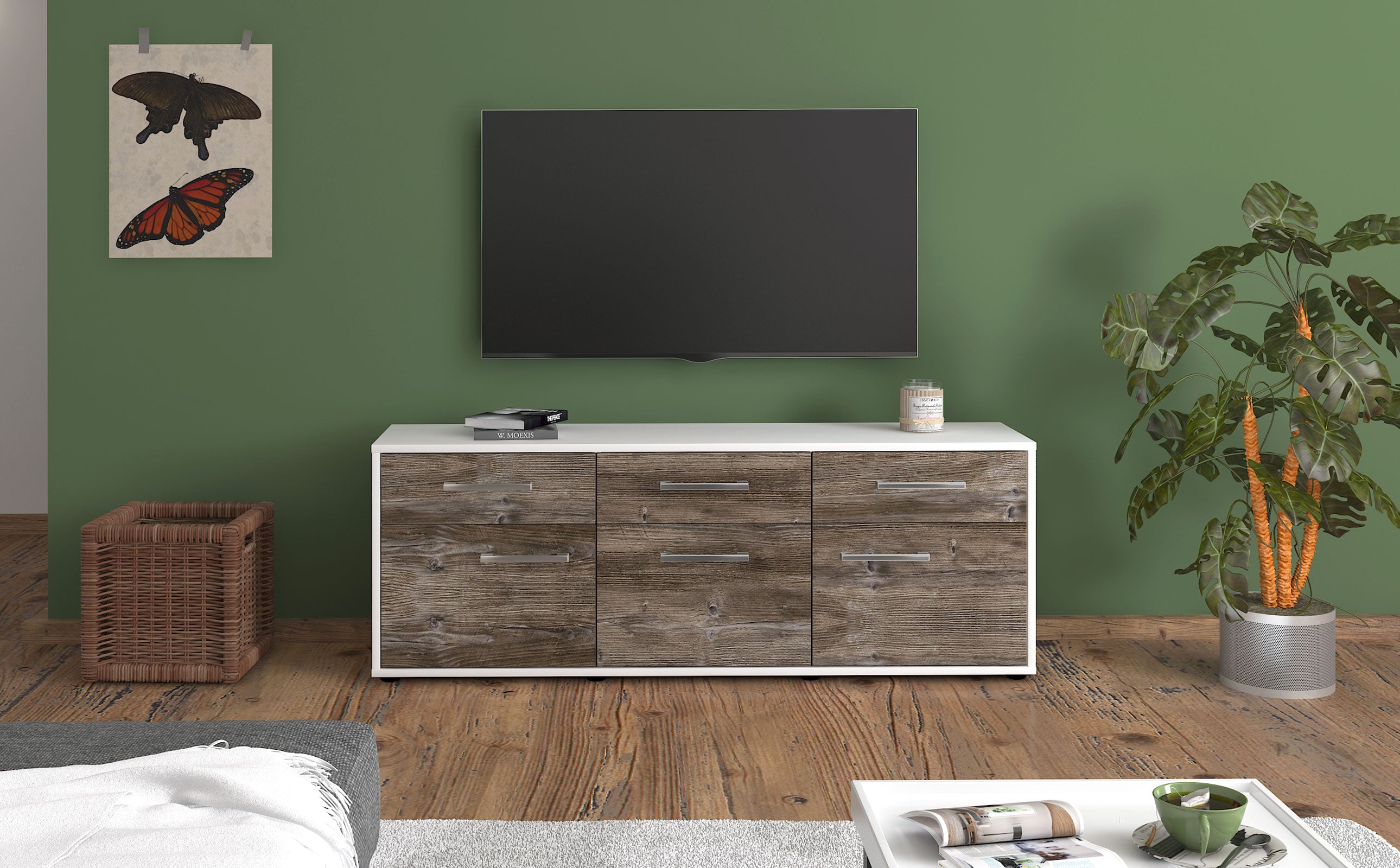 Lowboard - Angela - Design Holzdekor - Freistehend mit Griffe 136 cm Weiss