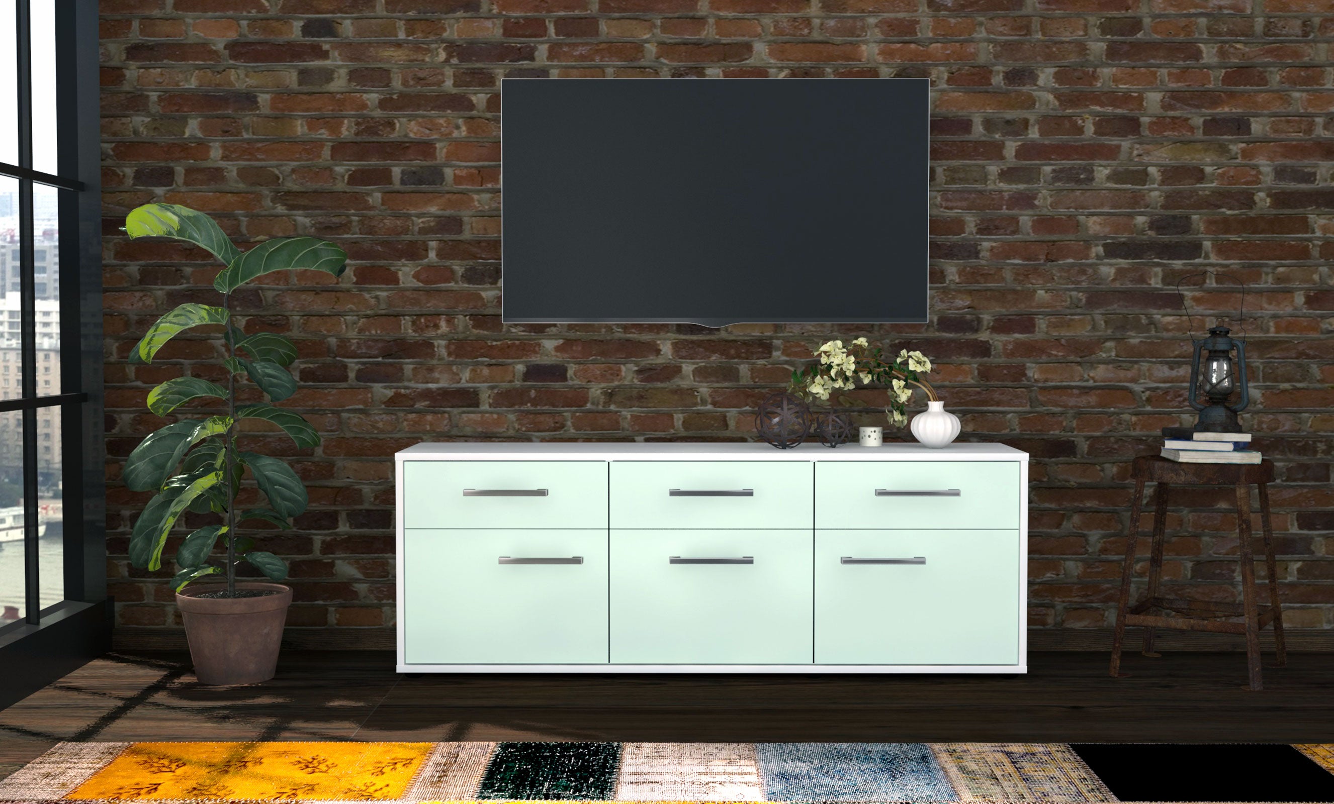 Lowboard - Angela - Design Farbakzent - Freistehend mit Griffe 136 cm Weiss