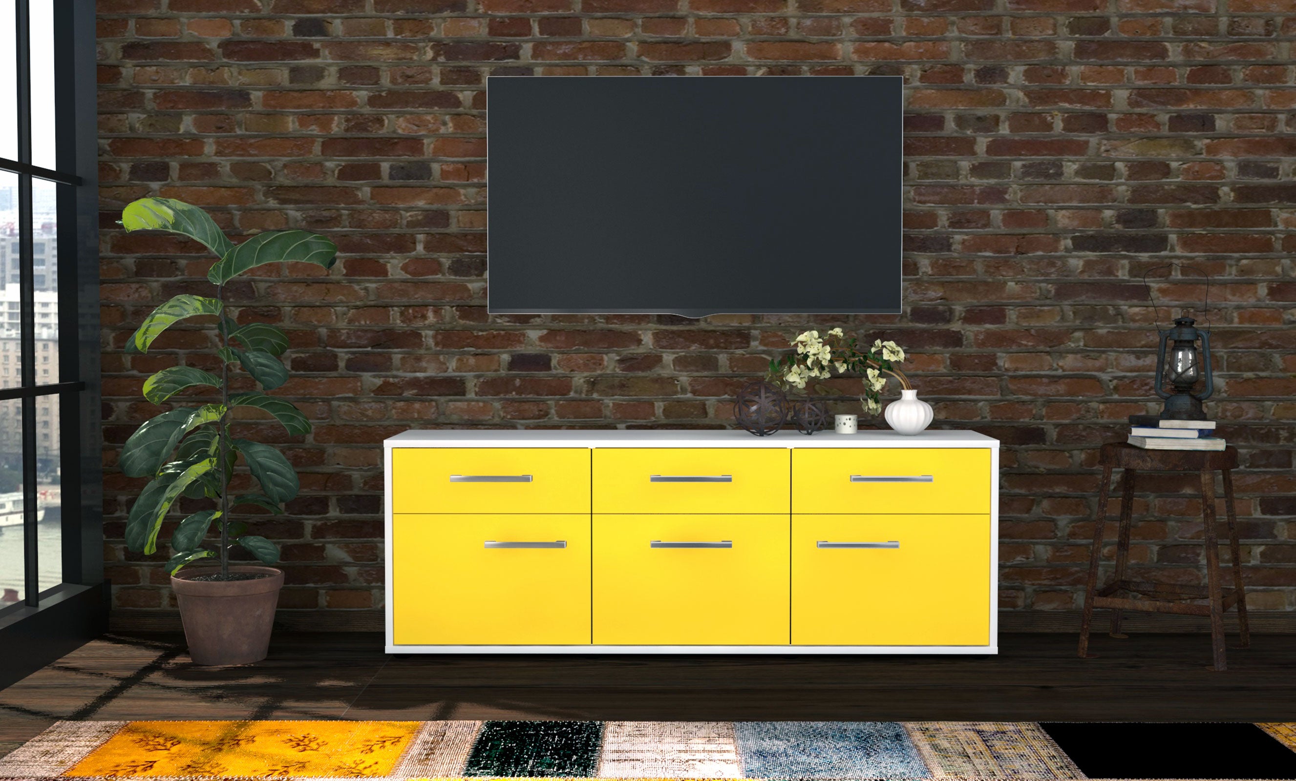 Lowboard - Angela - Design Farbakzent - Freistehend mit Griffe 136 cm Weiss