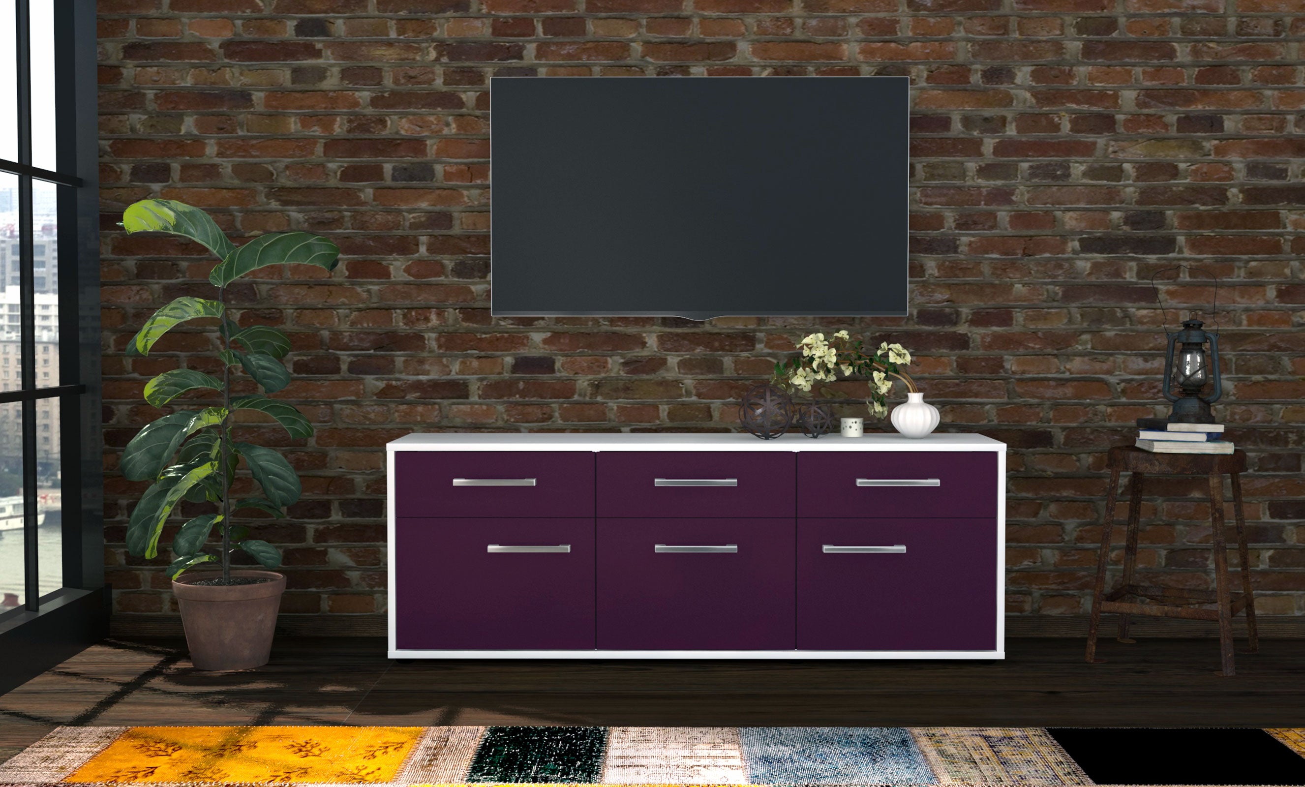Lowboard - Angela - Design Farbakzent - Freistehend mit Griffe 136 cm Weiss