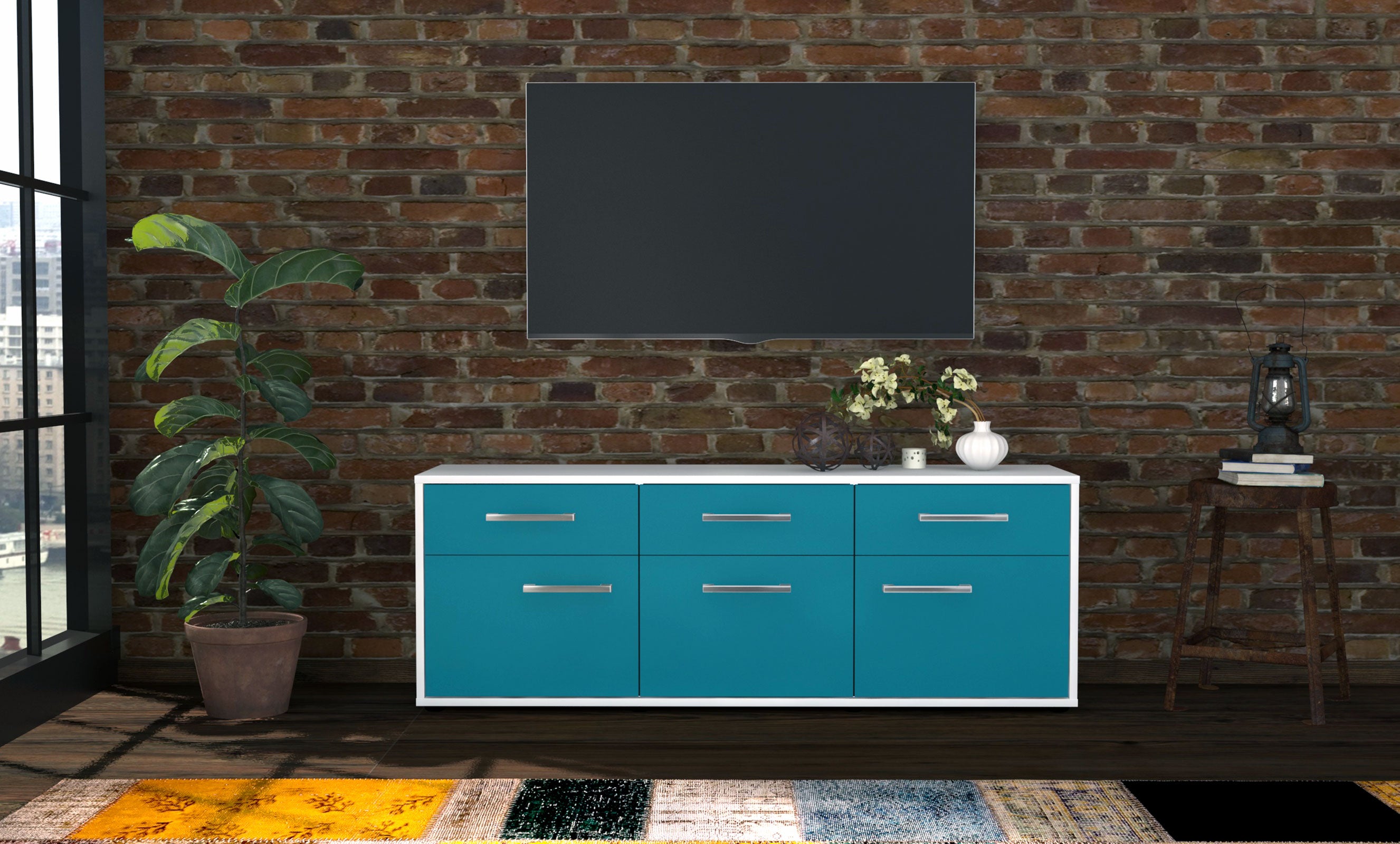 Lowboard - Angela - Design Farbakzent - Freistehend mit Griffe 136 cm Weiss