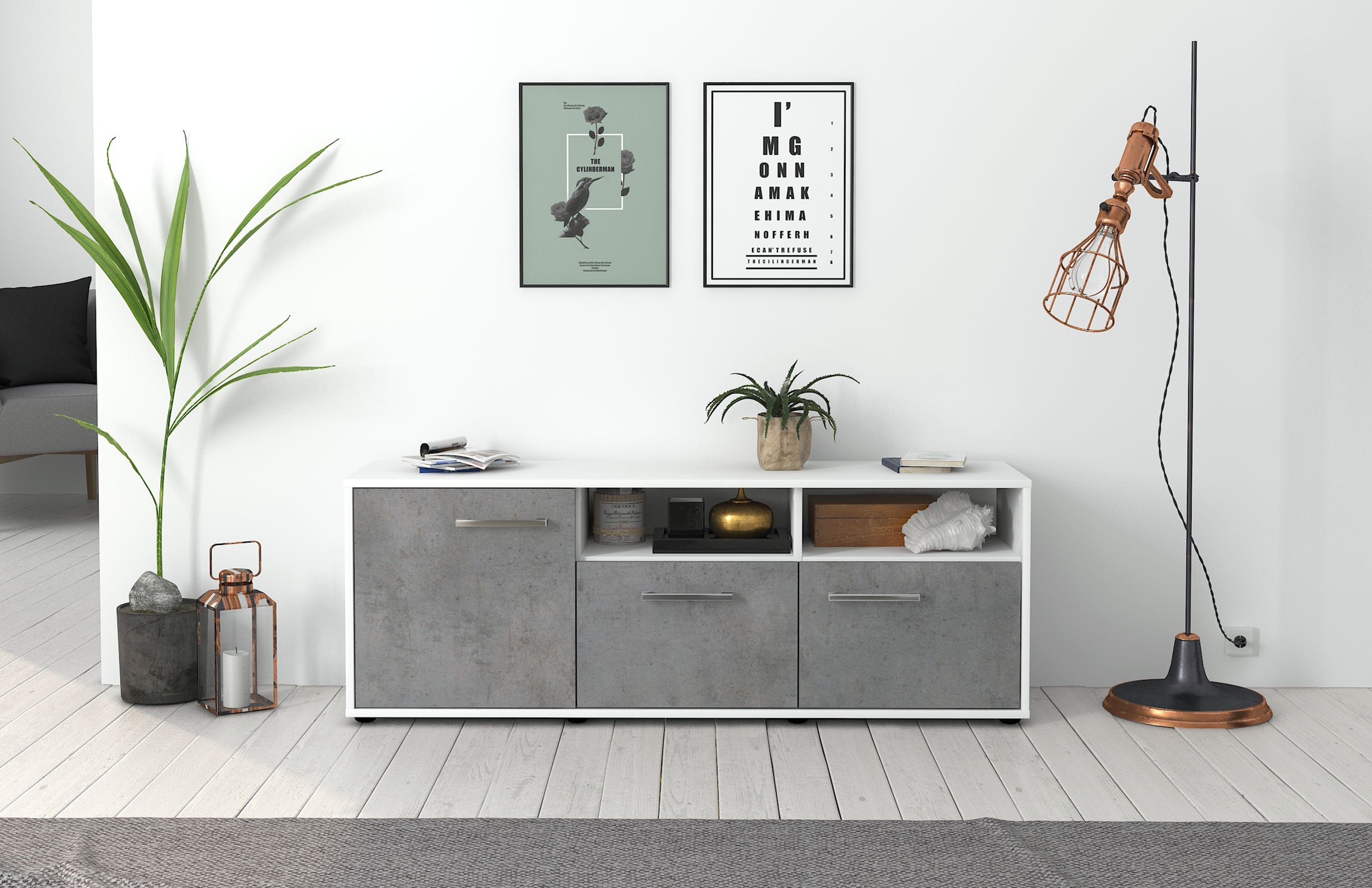 Lowboard - Angelina - Design Industrie Stil - Freistehend mit Griffe 136 cm Weiss