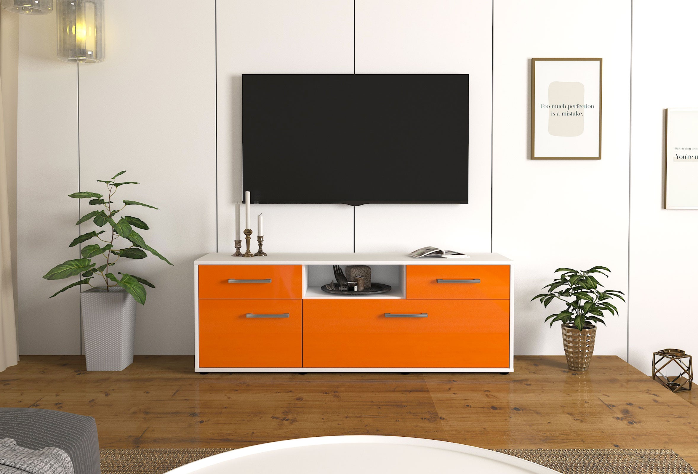 Lowboard - Anita - Design Hochglanz - Freistehend mit Griffe 136 cm Weiss