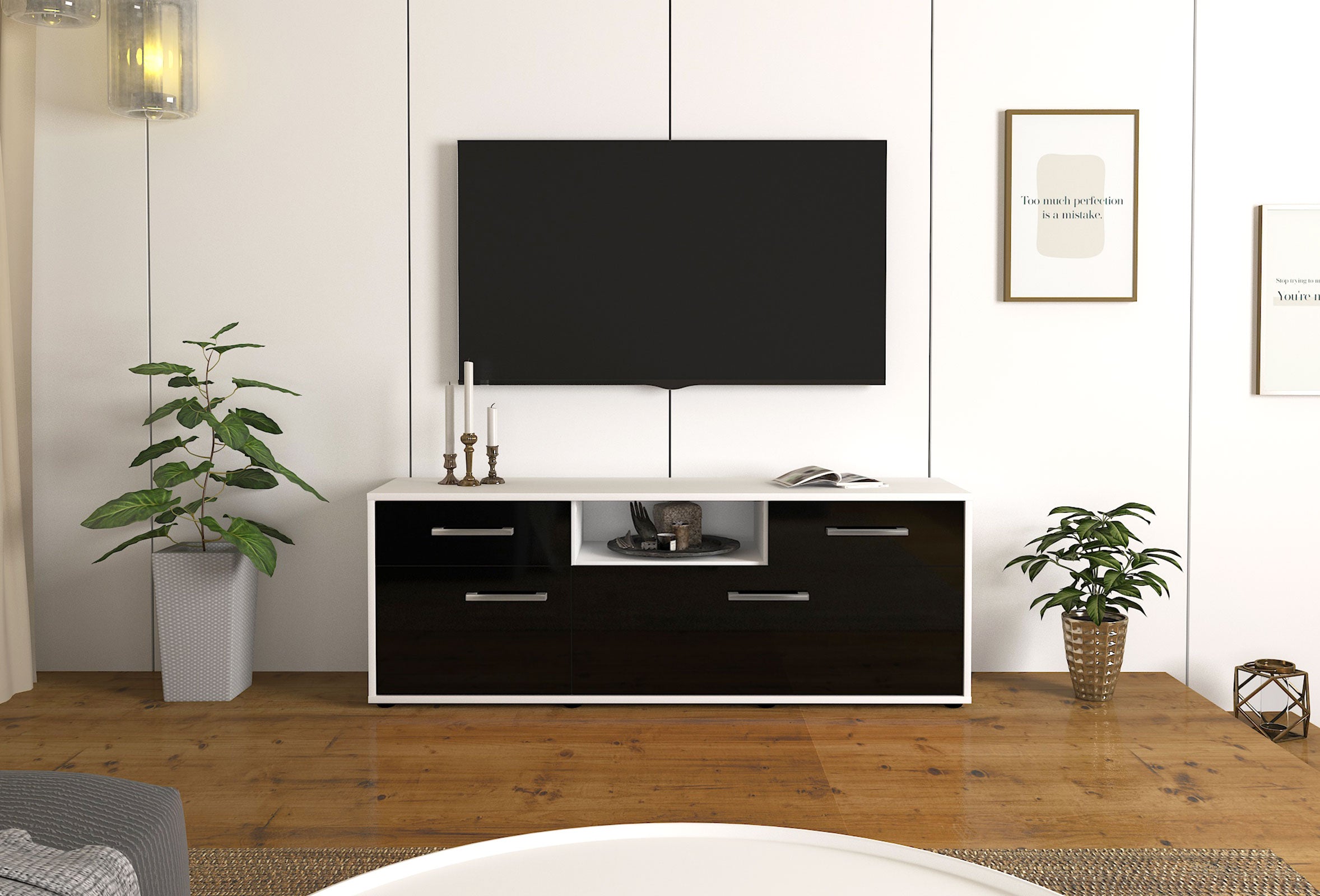 Lowboard - Anita - Design Hochglanz - Freistehend mit Griffe 136 cm Weiss