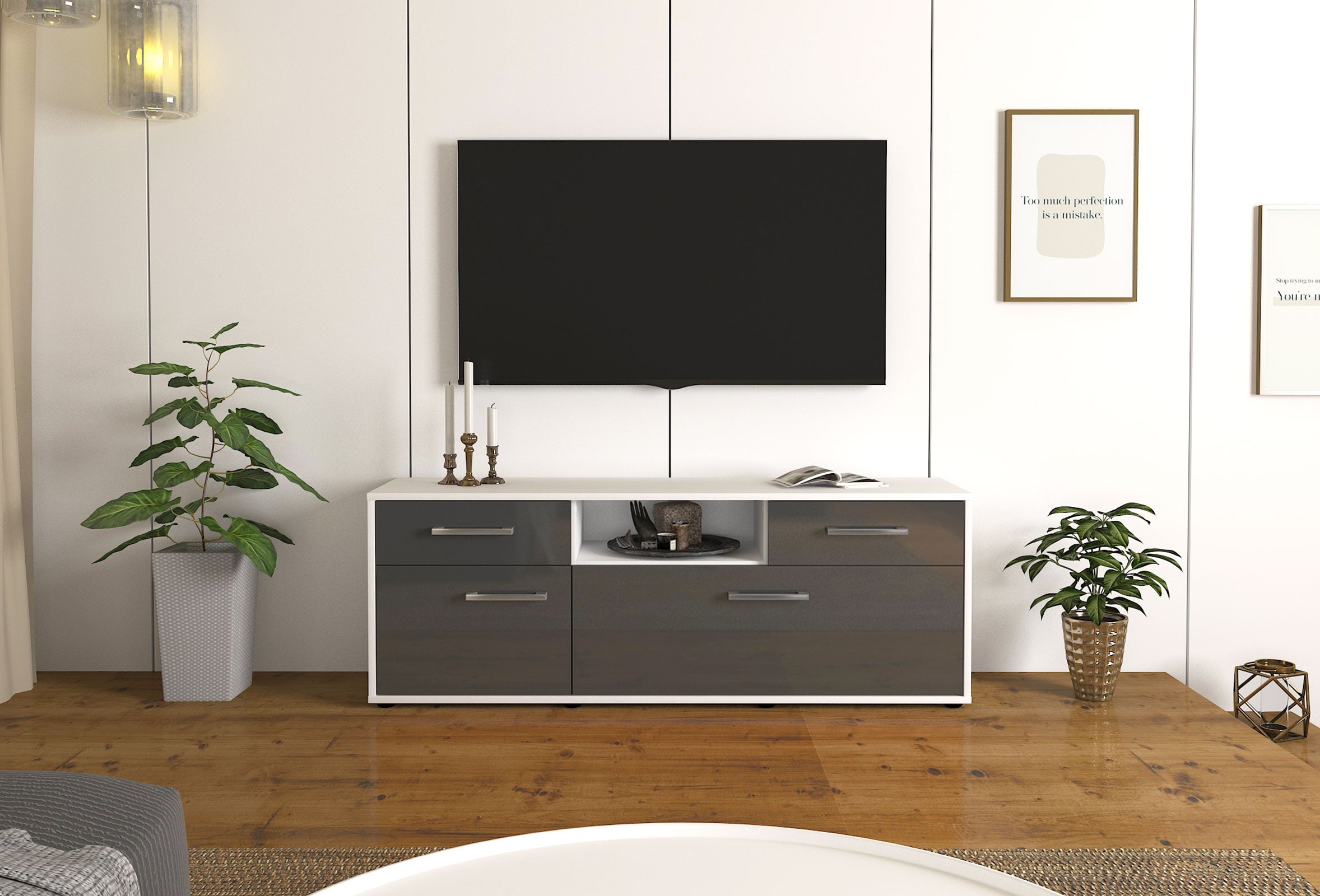 Lowboard - Anita - Design Hochglanz - Freistehend mit Griffe 136 cm Weiss