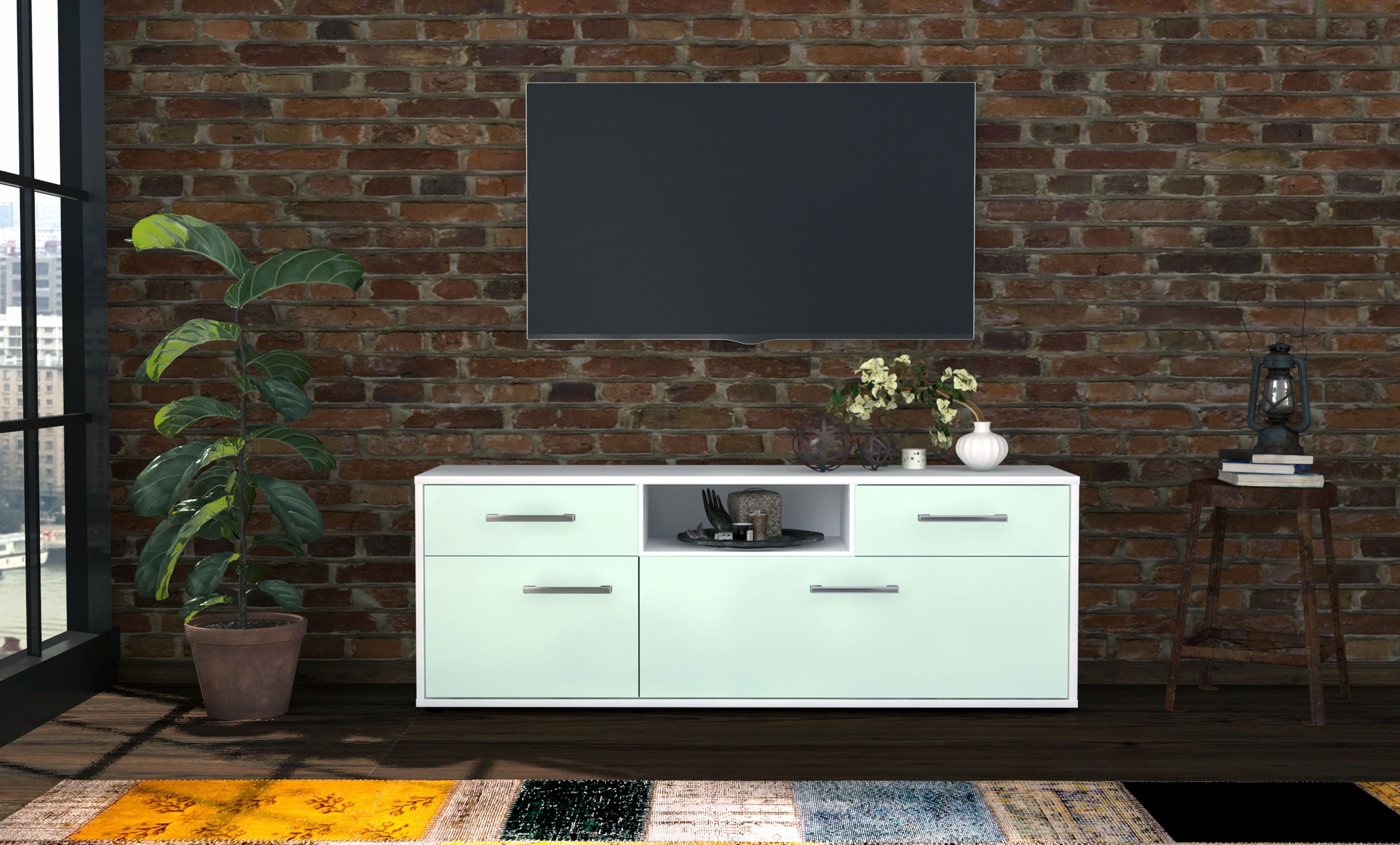 Lowboard - Anita - Design Farbakzent - Freistehend mit Griffe 136 cm Weiss