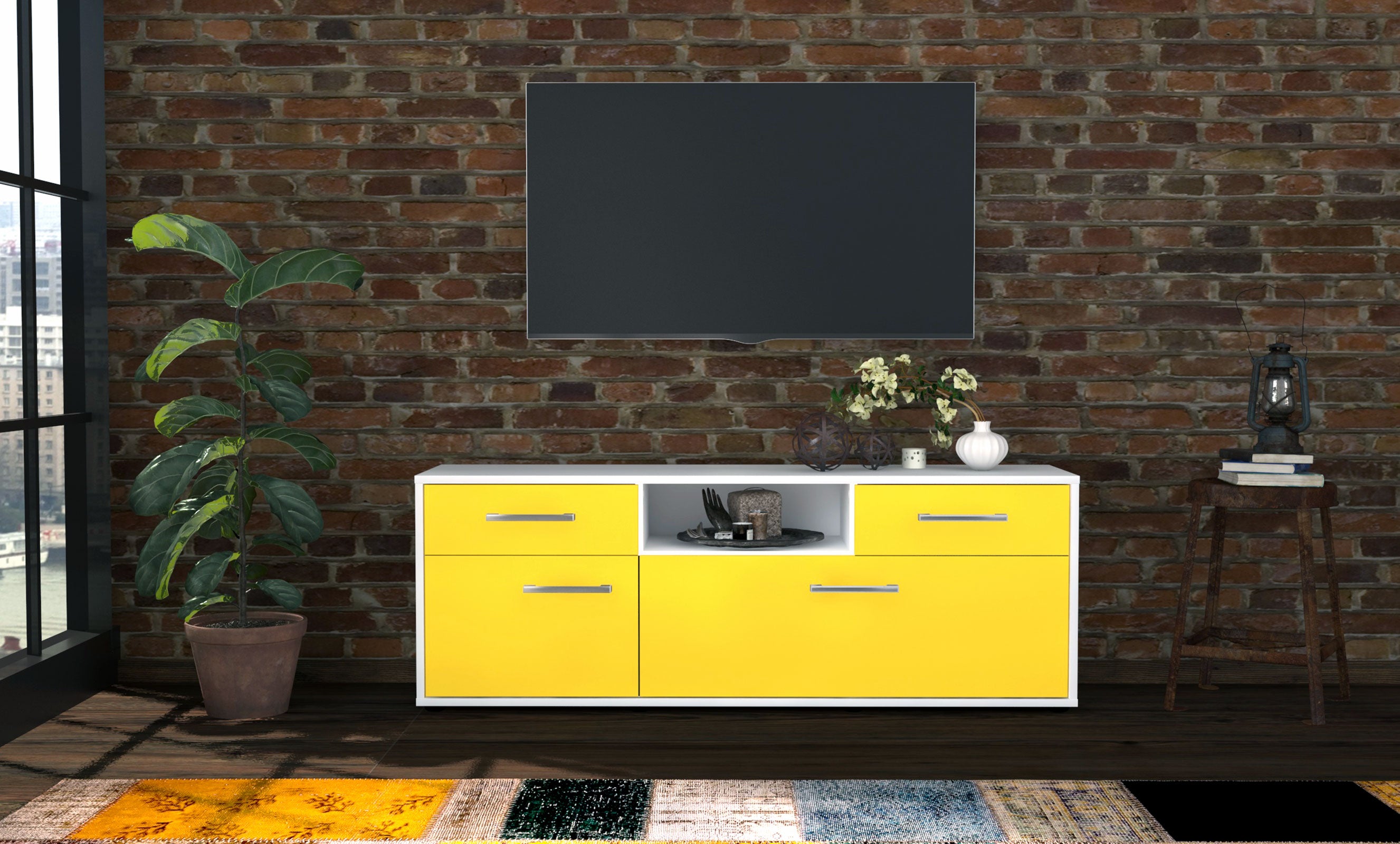 Lowboard - Anita - Design Farbakzent - Freistehend mit Griffe 136 cm Weiss