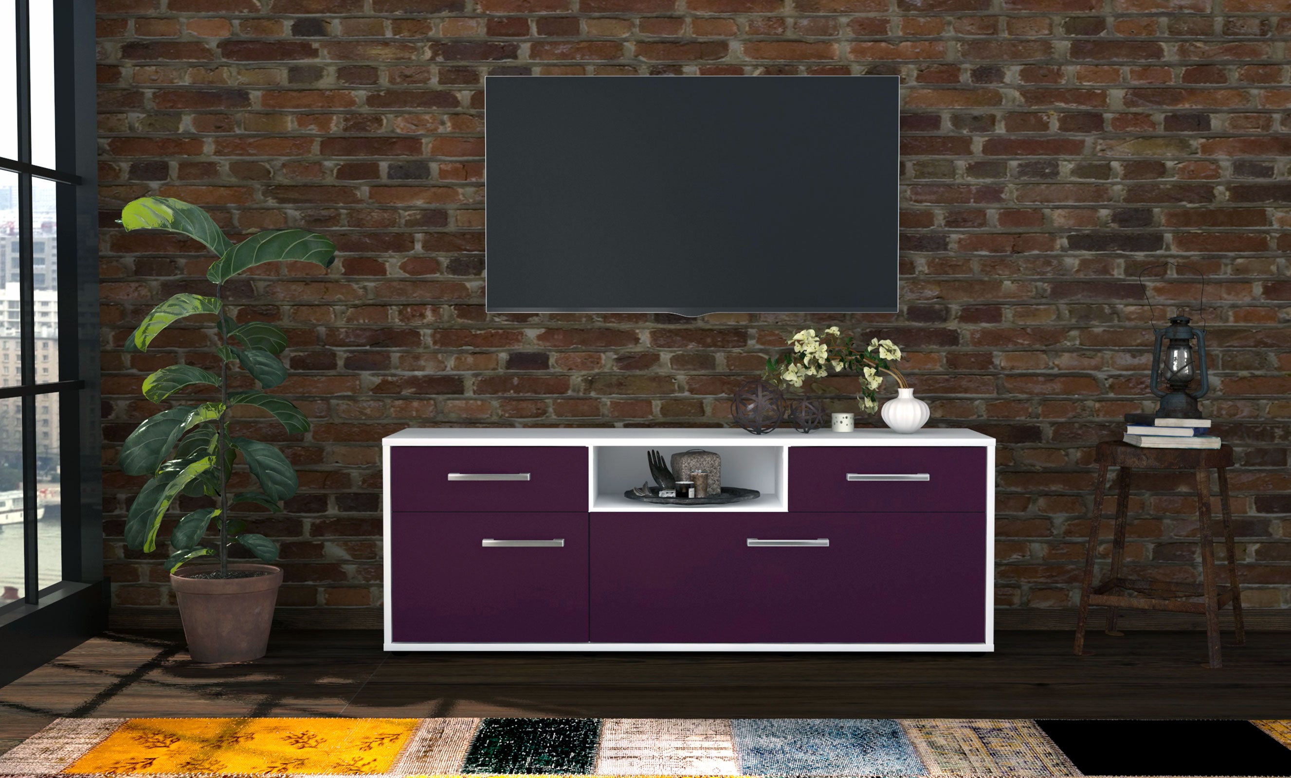 Lowboard - Anita - Design Farbakzent - Freistehend mit Griffe 136 cm Weiss