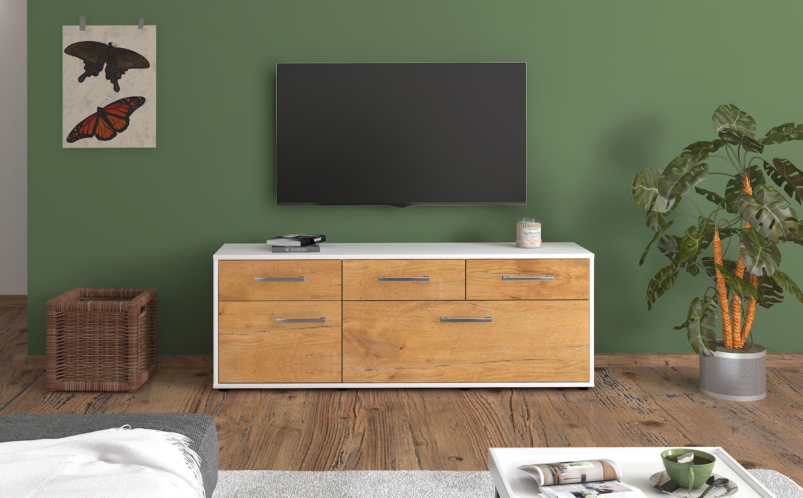 Lowboard - Anjelika - Design Holzdekor - Freistehend mit Griffe 136 cm Weiss