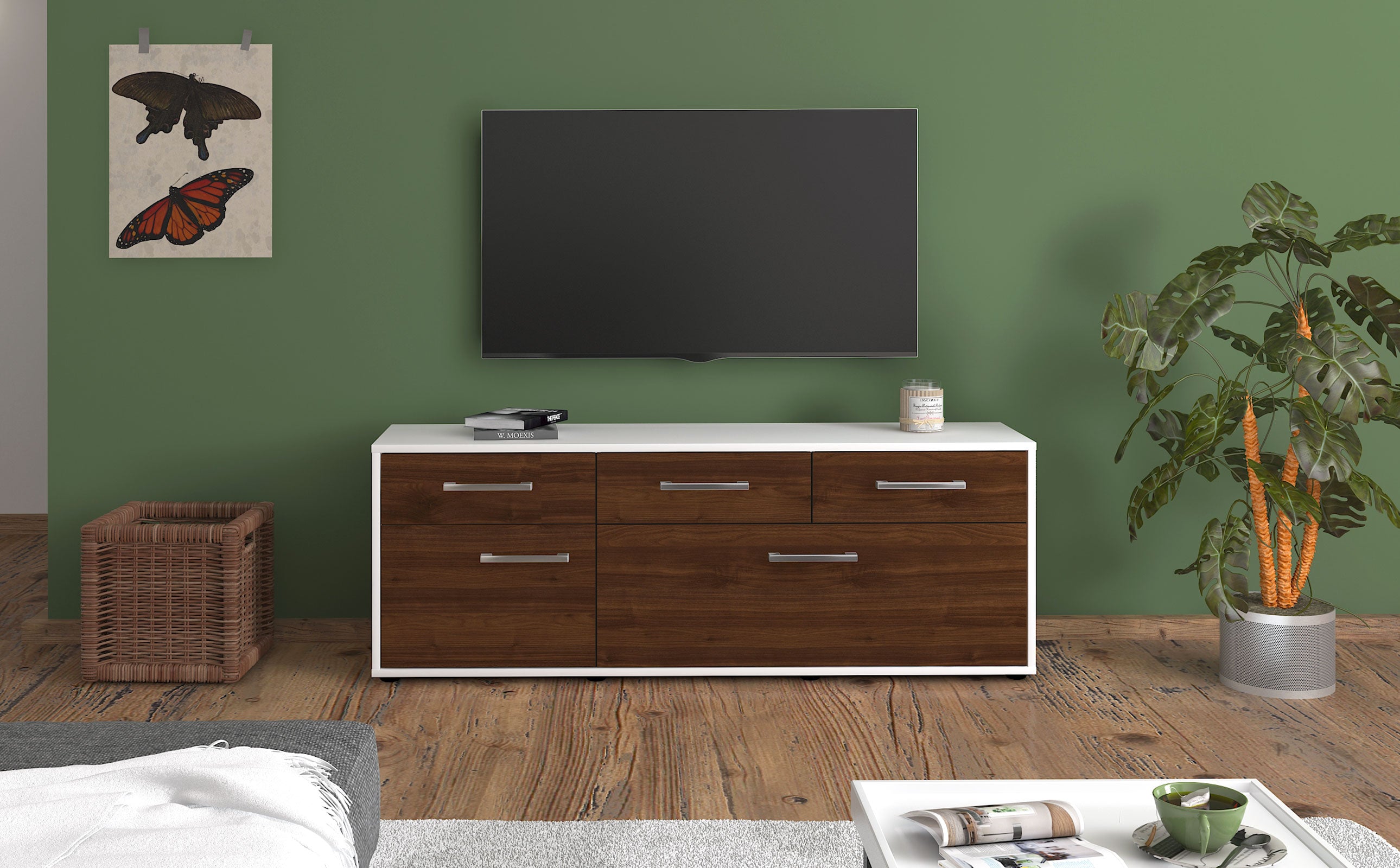 Lowboard - Anjelika - Design Holzdekor - Freistehend mit Griffe 136 cm Weiss