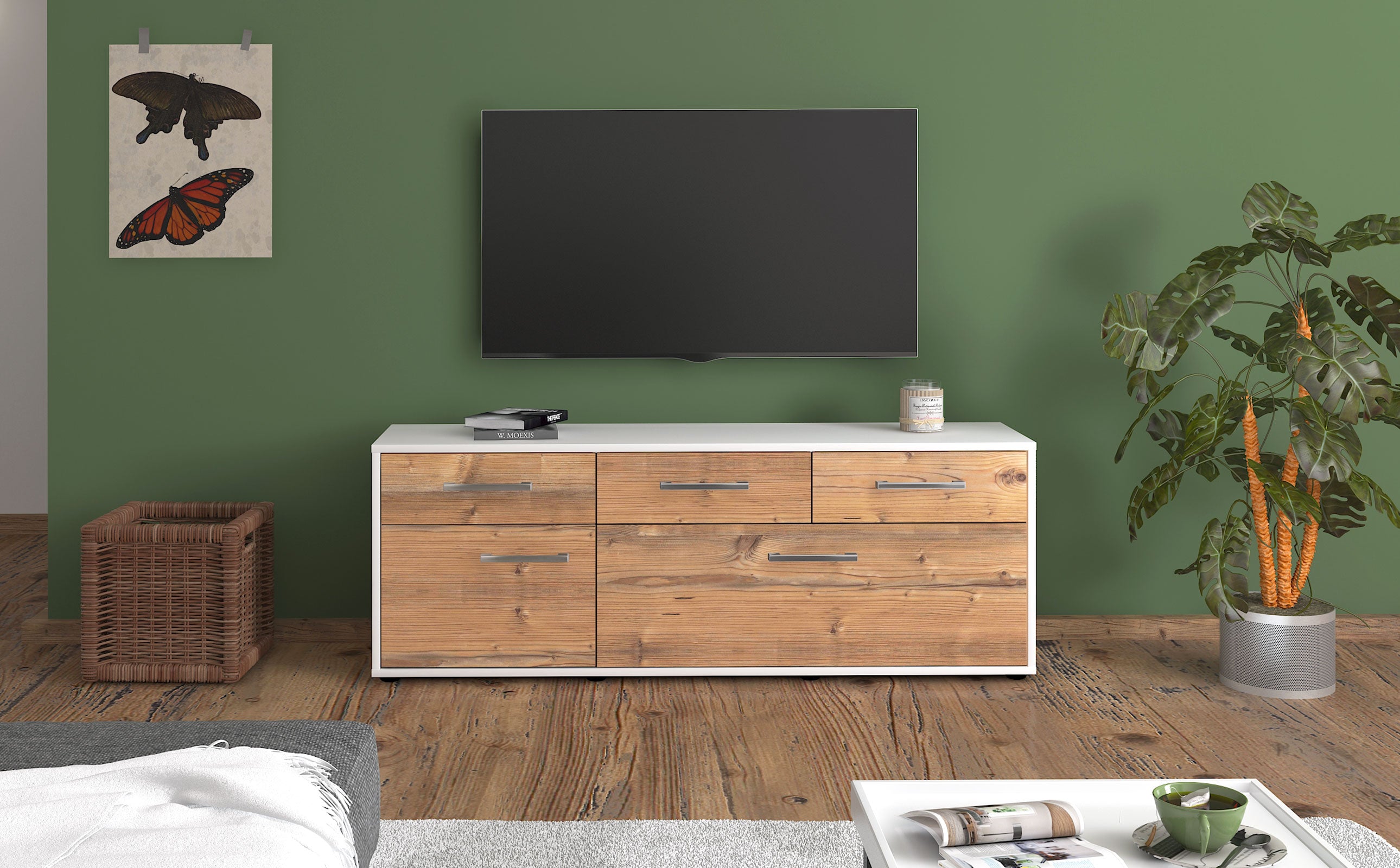 Lowboard - Anjelika - Design Holzdekor - Freistehend mit Griffe 136 cm Weiss