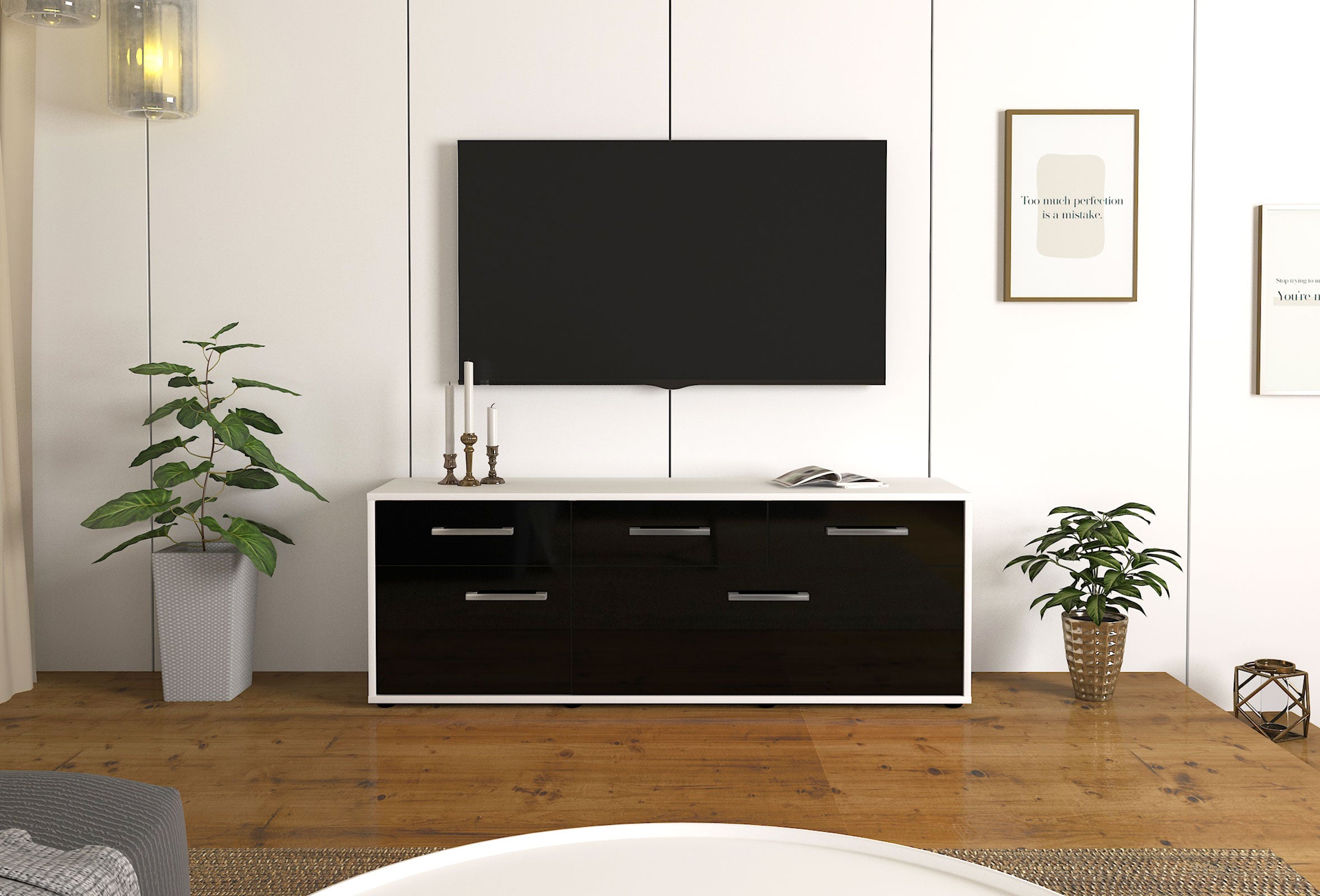 Lowboard - Anjelika - Design Hochglanz - Freistehend mit Griffe 136 cm Weiss
