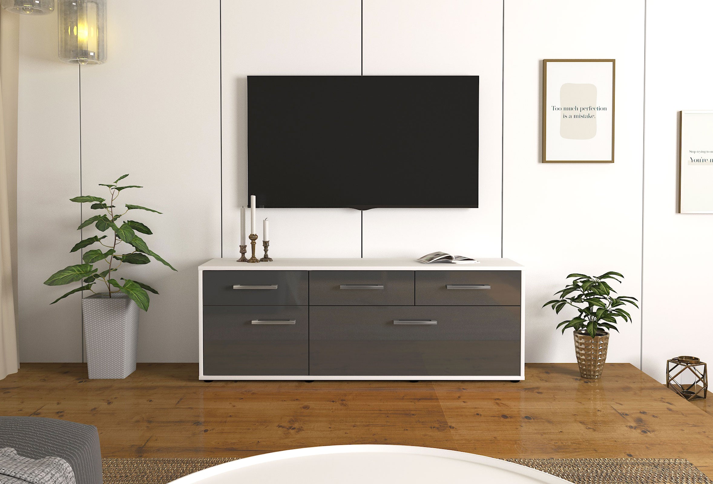 Lowboard - Anjelika - Design Hochglanz - Freistehend mit Griffe 136 cm Weiss