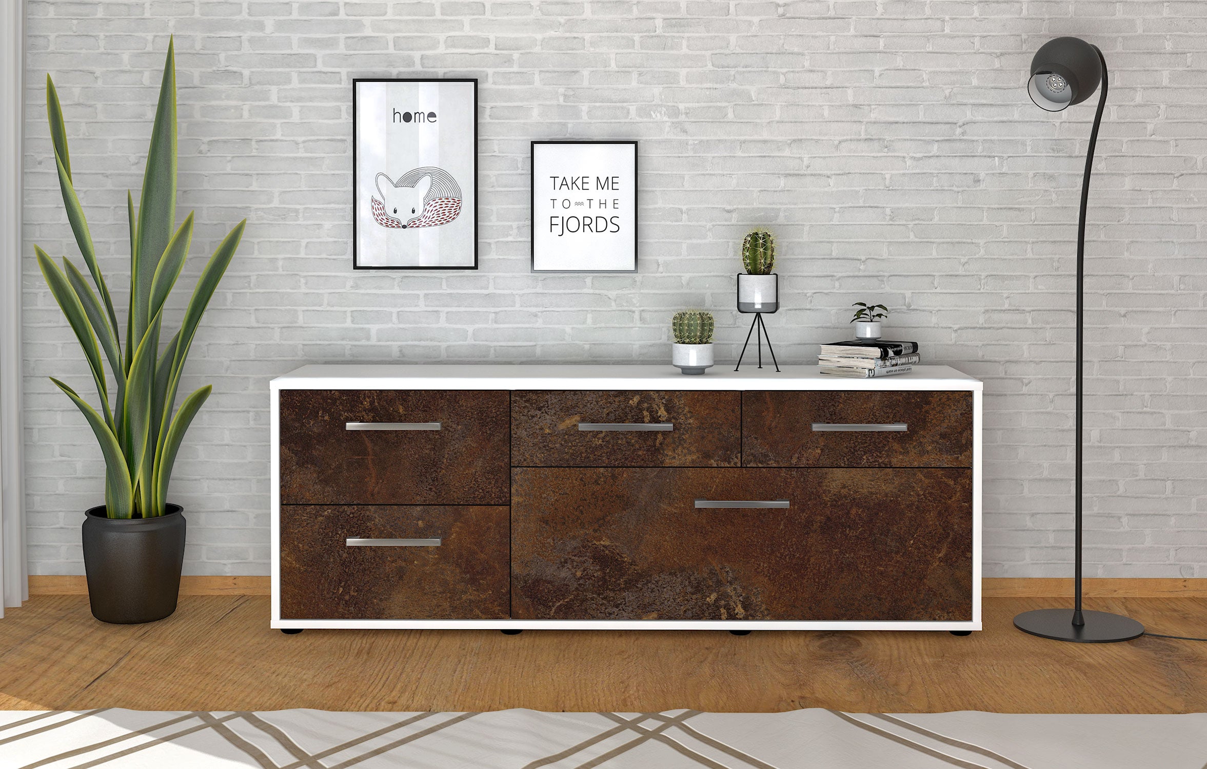 Lowboard - Anna - Design Industrie Stil - Freistehend mit Griffe 136 cm Weiss