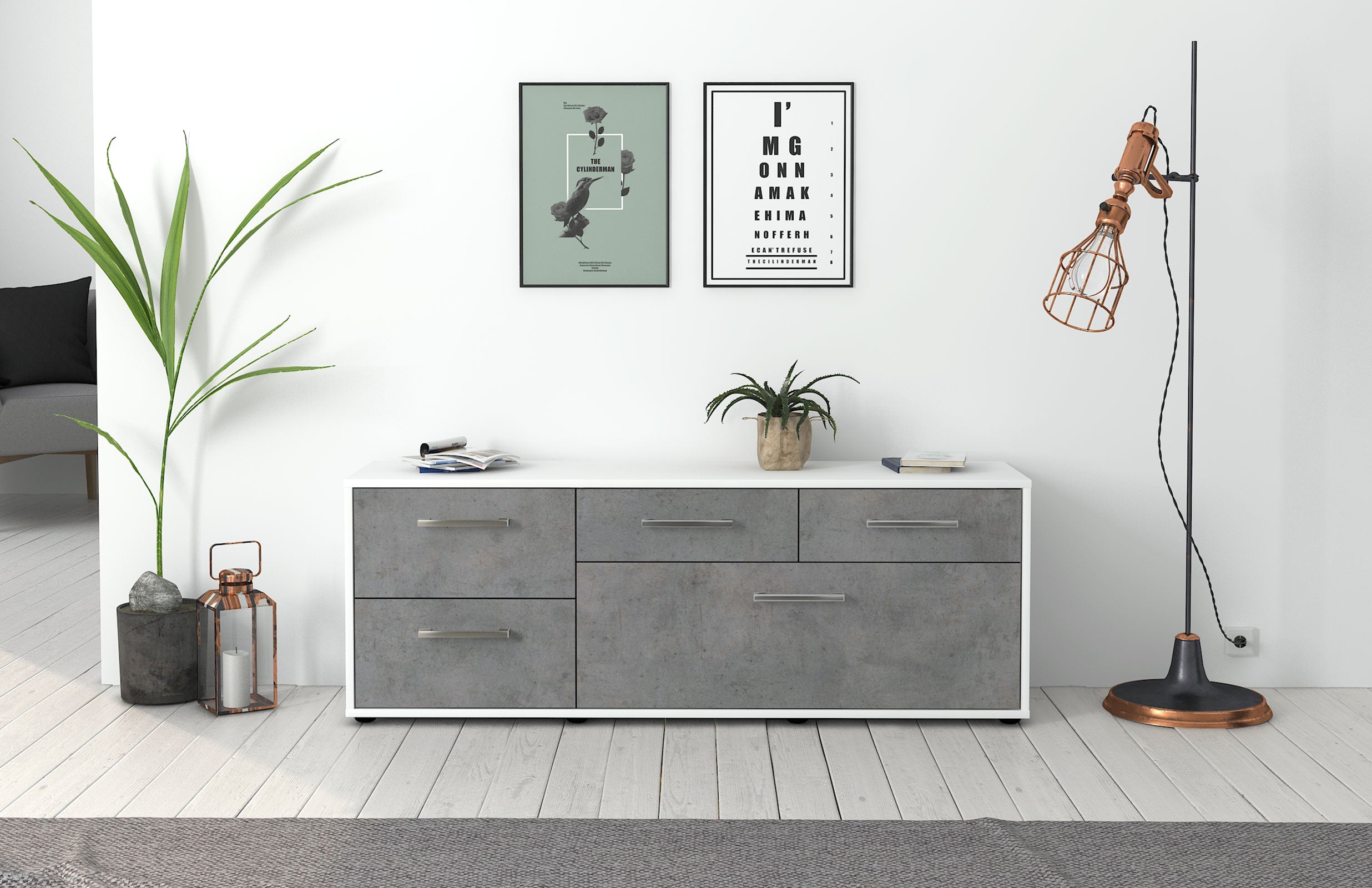 Lowboard - Anna - Design Industrie Stil - Freistehend mit Griffe 136 cm Weiss