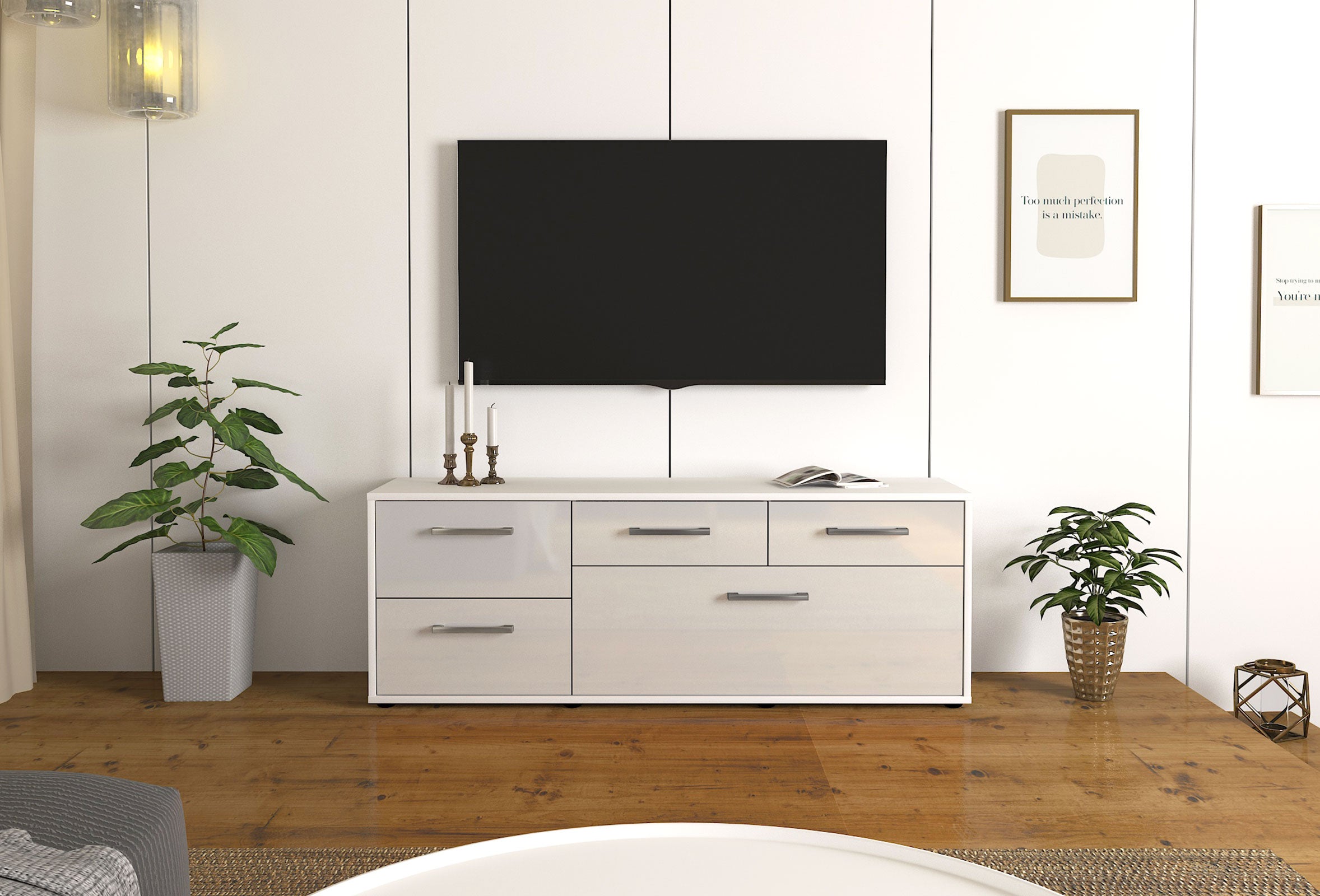 Lowboard - Anna - Design Hochglanz - Freistehend mit Griffe 136 cm Weiss