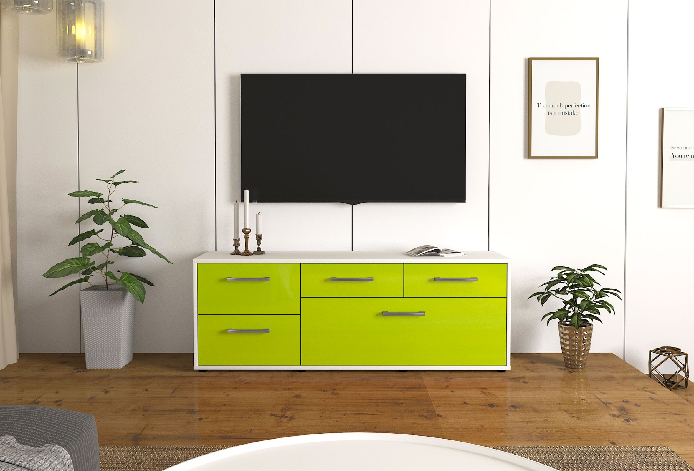 Lowboard - Anna - Design Hochglanz - Freistehend mit Griffe 136 cm Weiss