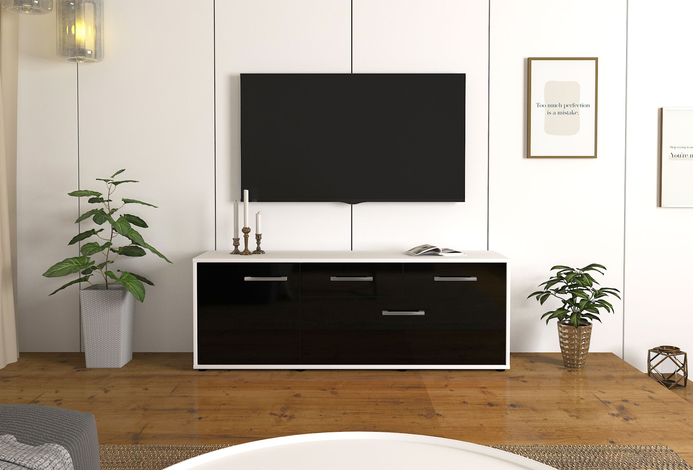 Lowboard - Annabell - Design Hochglanz - Freistehend mit Griffe 136 cm Weiss