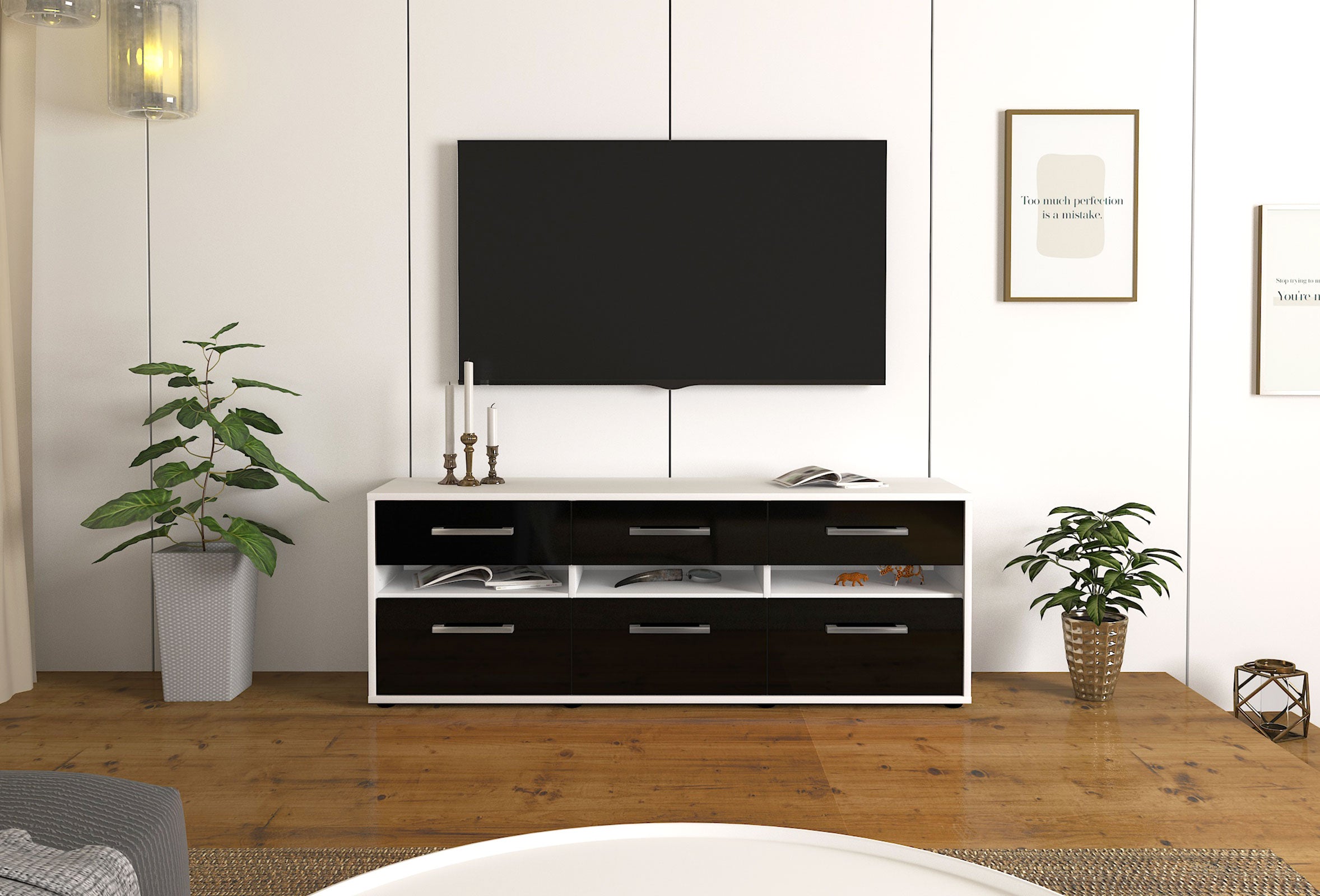 Lowboard - Annalena - Design Hochglanz - Freistehend mit Griffe 136 cm Weiss