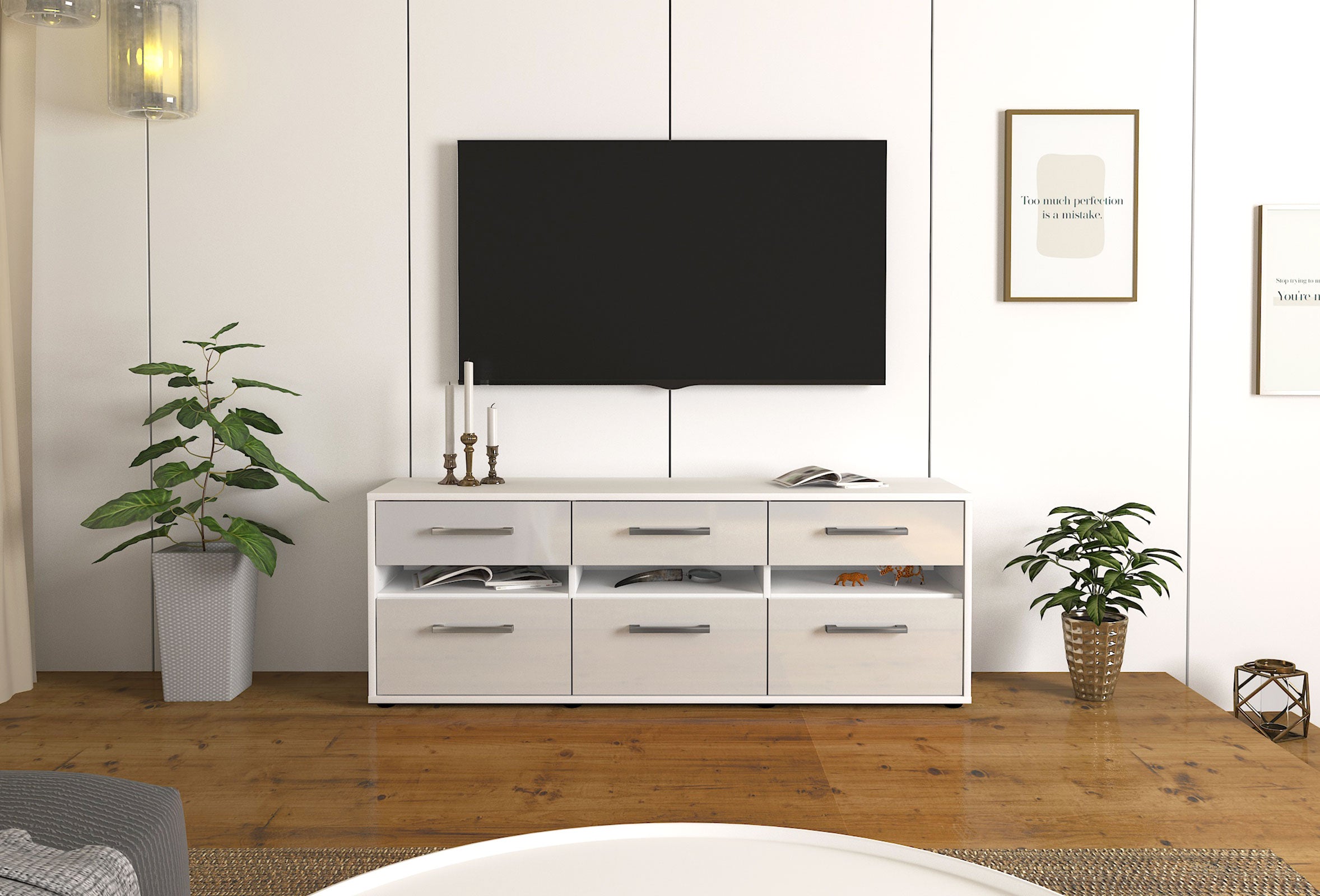 Lowboard - Annalena - Design Hochglanz - Freistehend mit Griffe 136 cm Weiss