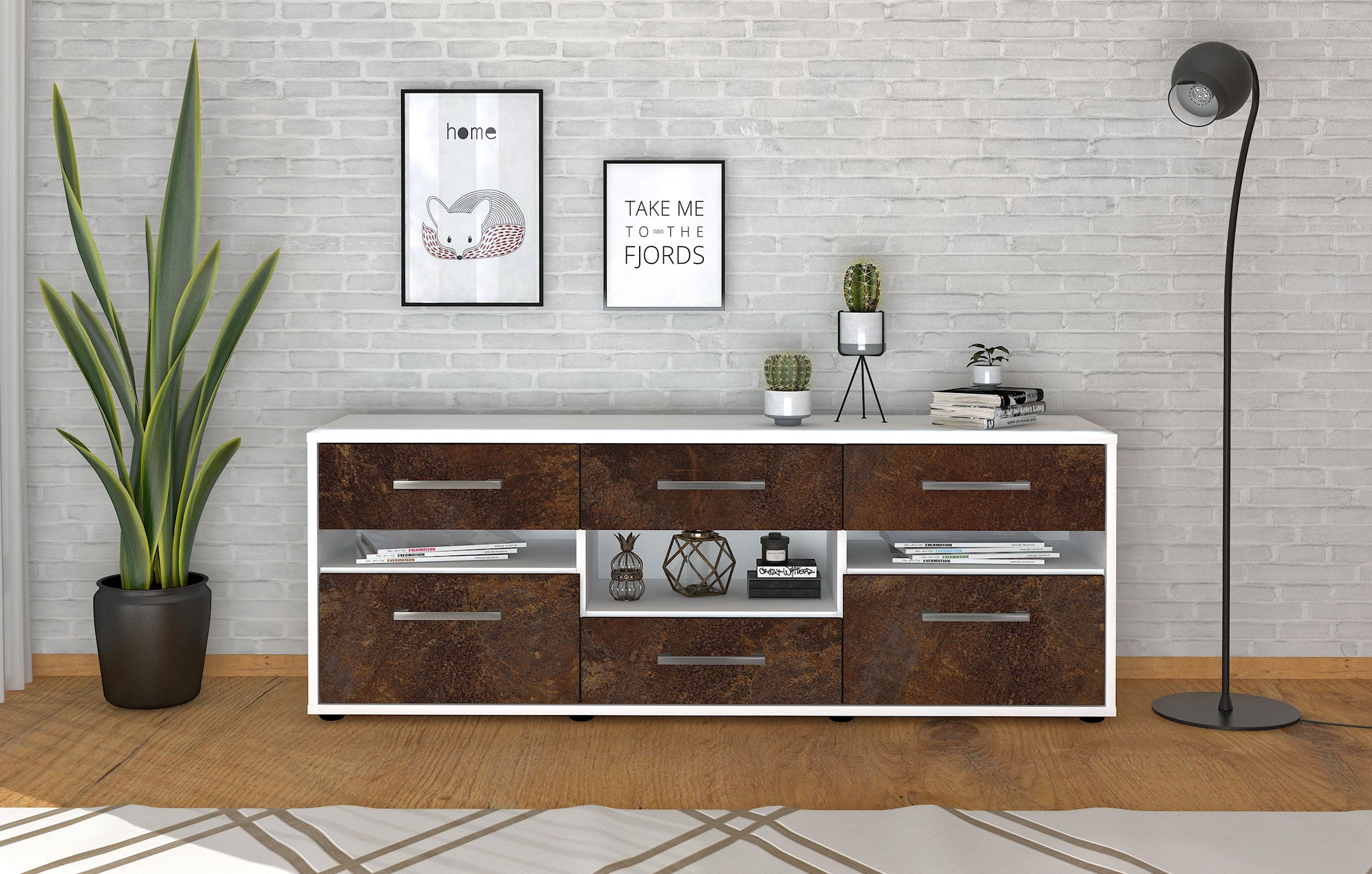 Lowboard - Annamaria - Design Industrie Stil - Freistehend mit Griffe 136 cm Weiss