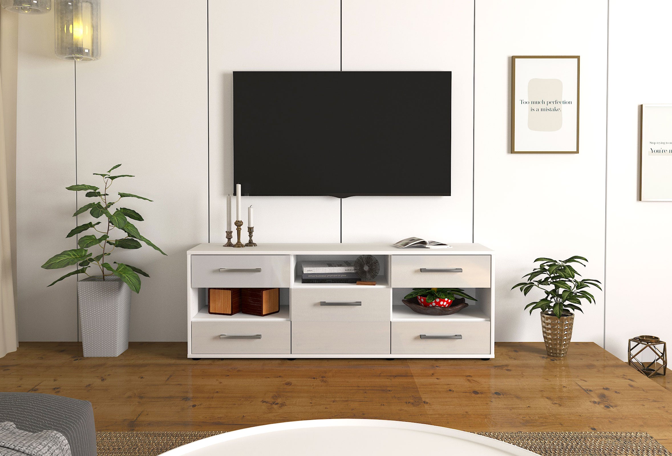 Lowboard - Annina - Design Hochglanz - Freistehend mit Griffe 136 cm Weiss