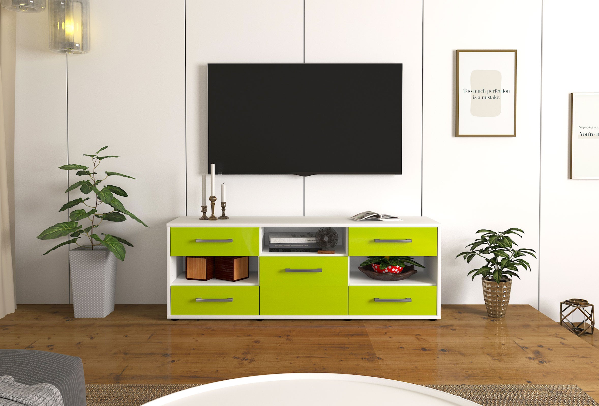 Lowboard - Annina - Design Hochglanz - Freistehend mit Griffe 136 cm Weiss