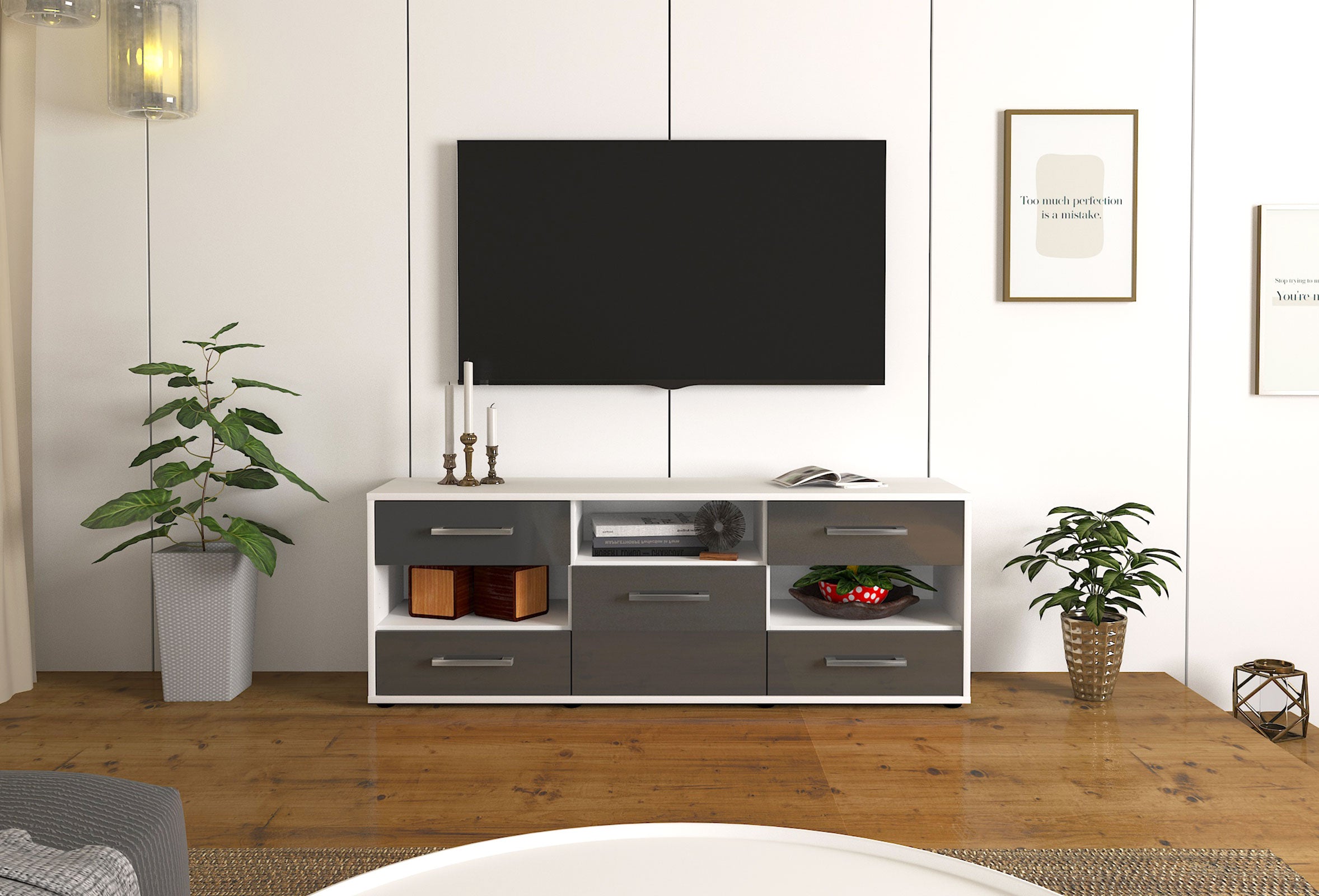 Lowboard - Annina - Design Hochglanz - Freistehend mit Griffe 136 cm Weiss