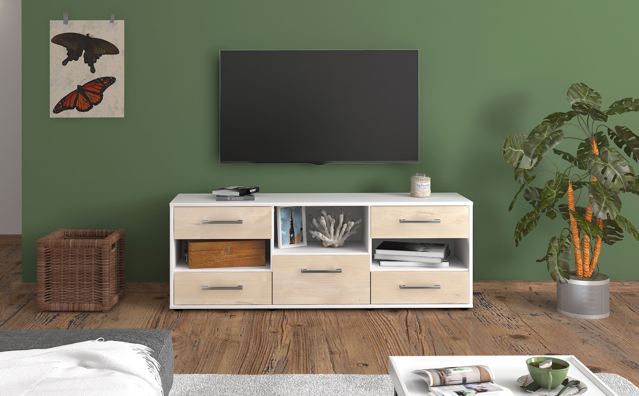 Lowboard - Annunziata - Design Holzdekor - Freistehend mit Griffe 136 cm Weiss