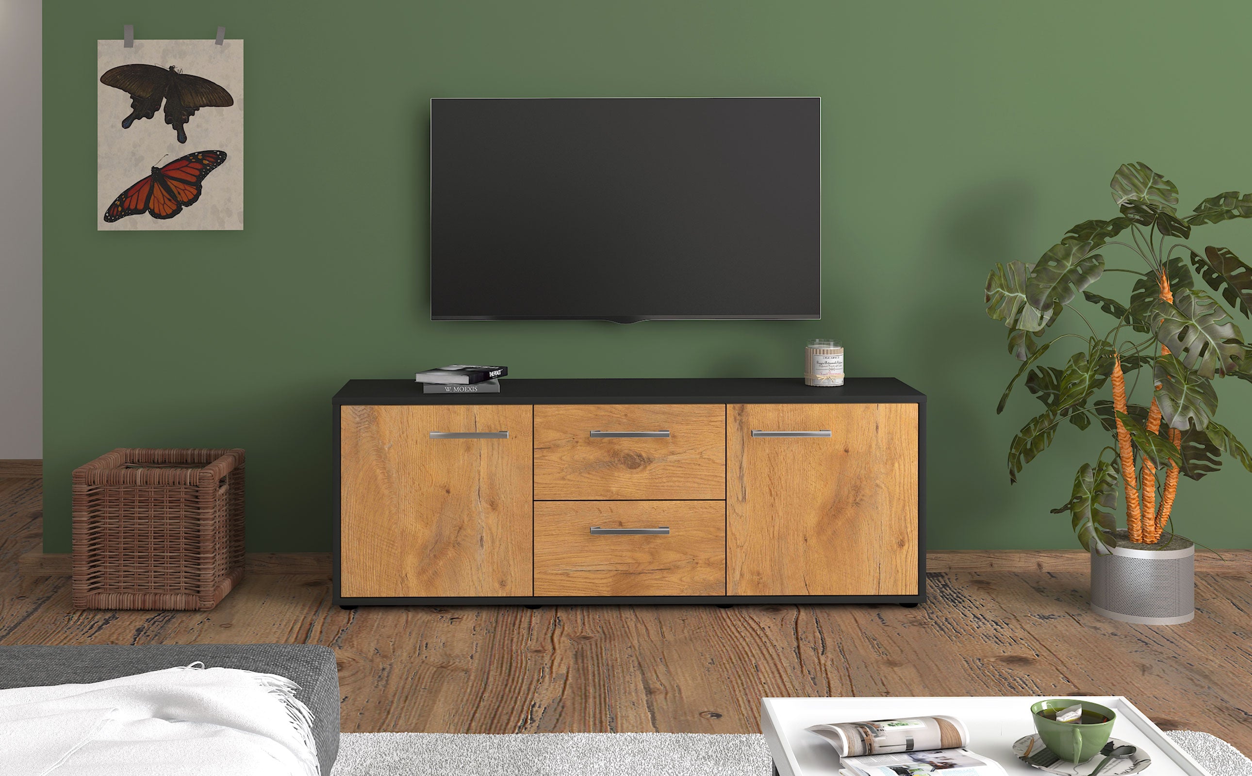 Lowboard - Alma - Design Holzdekor - Freistehend mit Griffe 136 cm Anthrazit