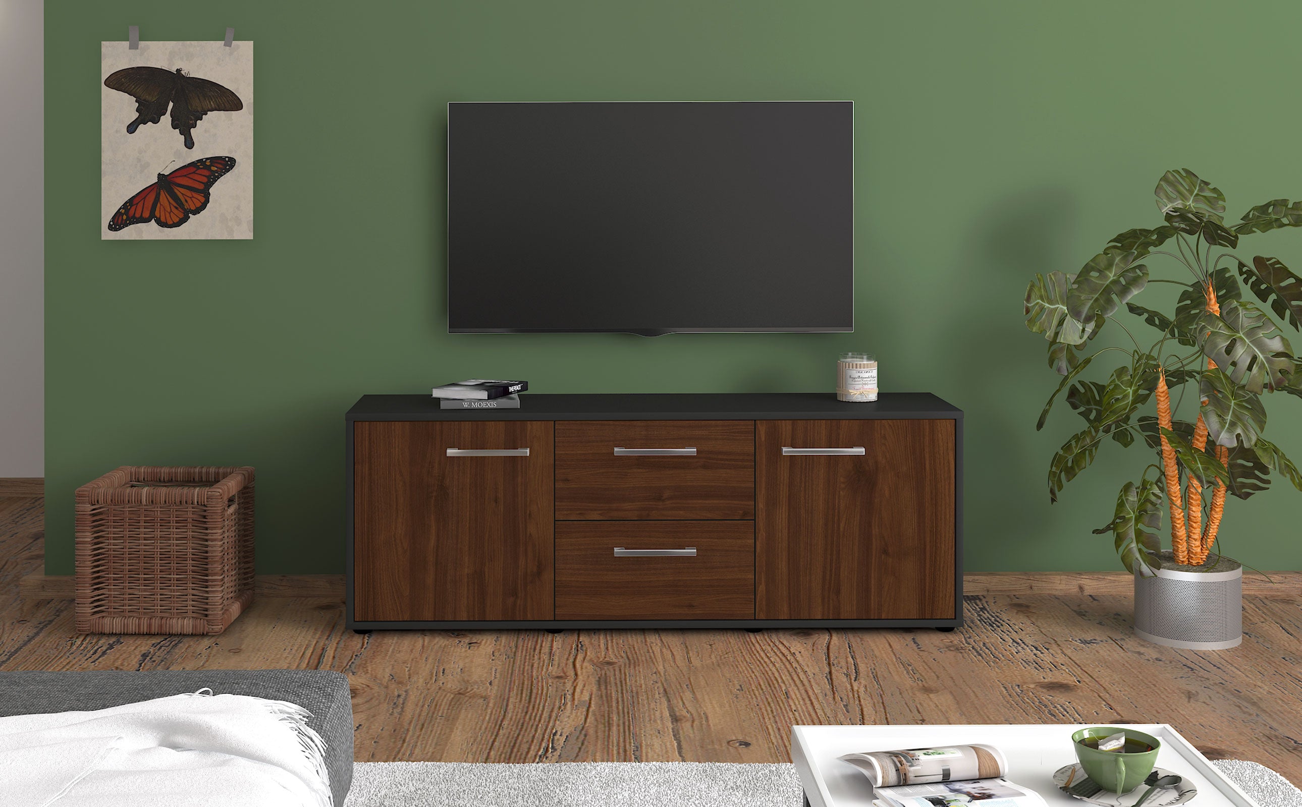 Lowboard - Alma - Design Holzdekor - Freistehend mit Griffe 136 cm Anthrazit