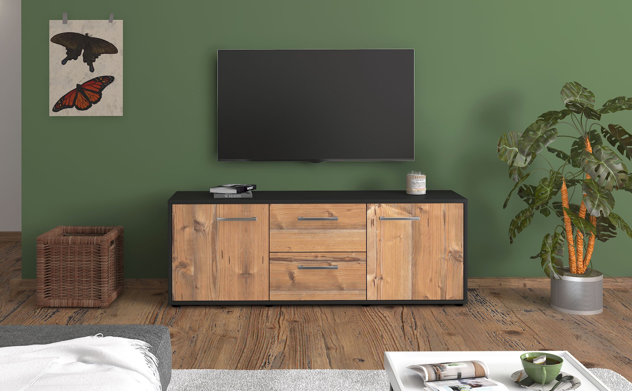 Lowboard - Alma - Design Holzdekor - Freistehend mit Griffe 136 cm Anthrazit