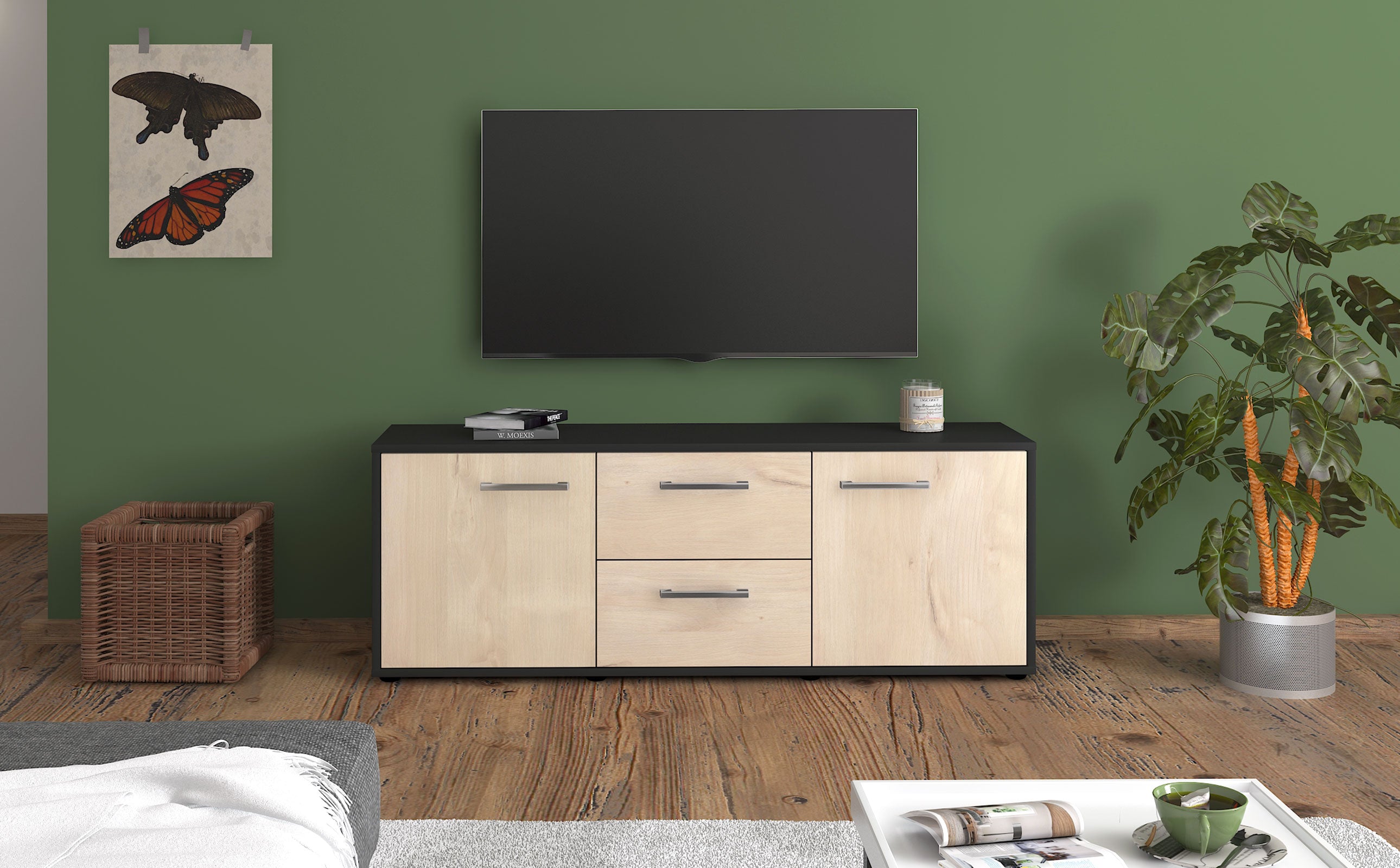 Lowboard - Alma - Design Holzdekor - Freistehend mit Griffe 136 cm Anthrazit