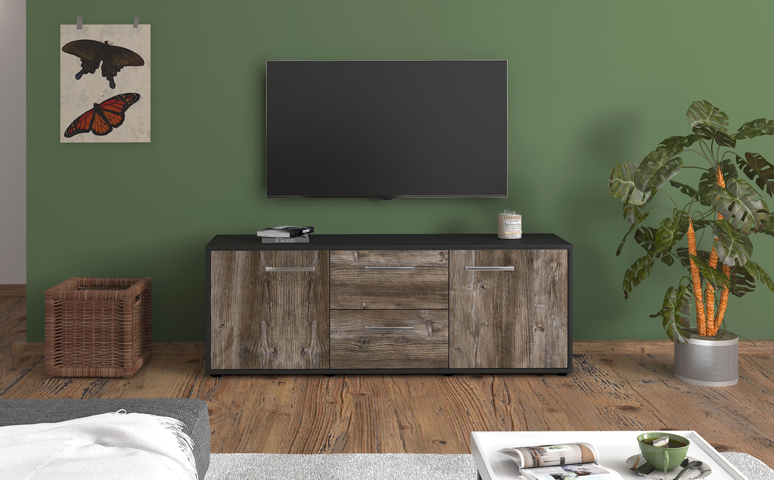 Lowboard - Alma - Design Holzdekor - Freistehend mit Griffe 136 cm Anthrazit