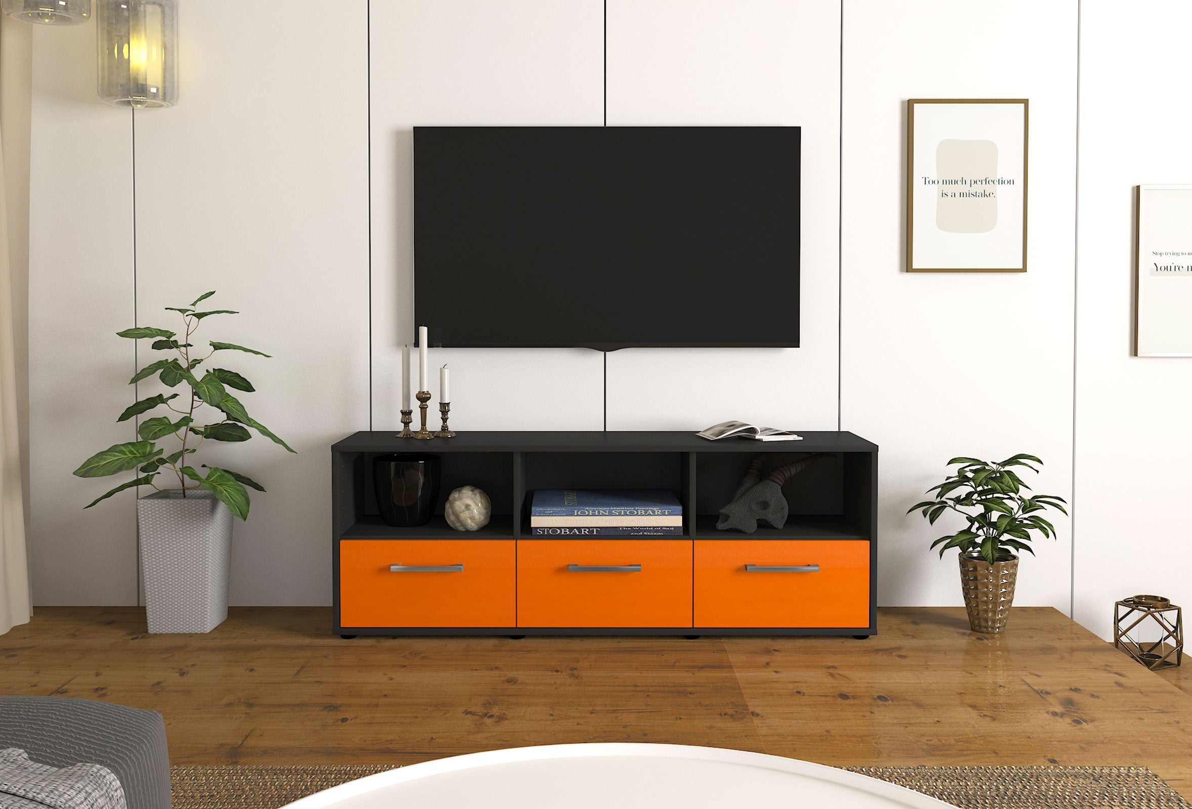 Lowboard - Amalia - Design Hochglanz - Freistehend mit Griffe 136 cm Anthrazit