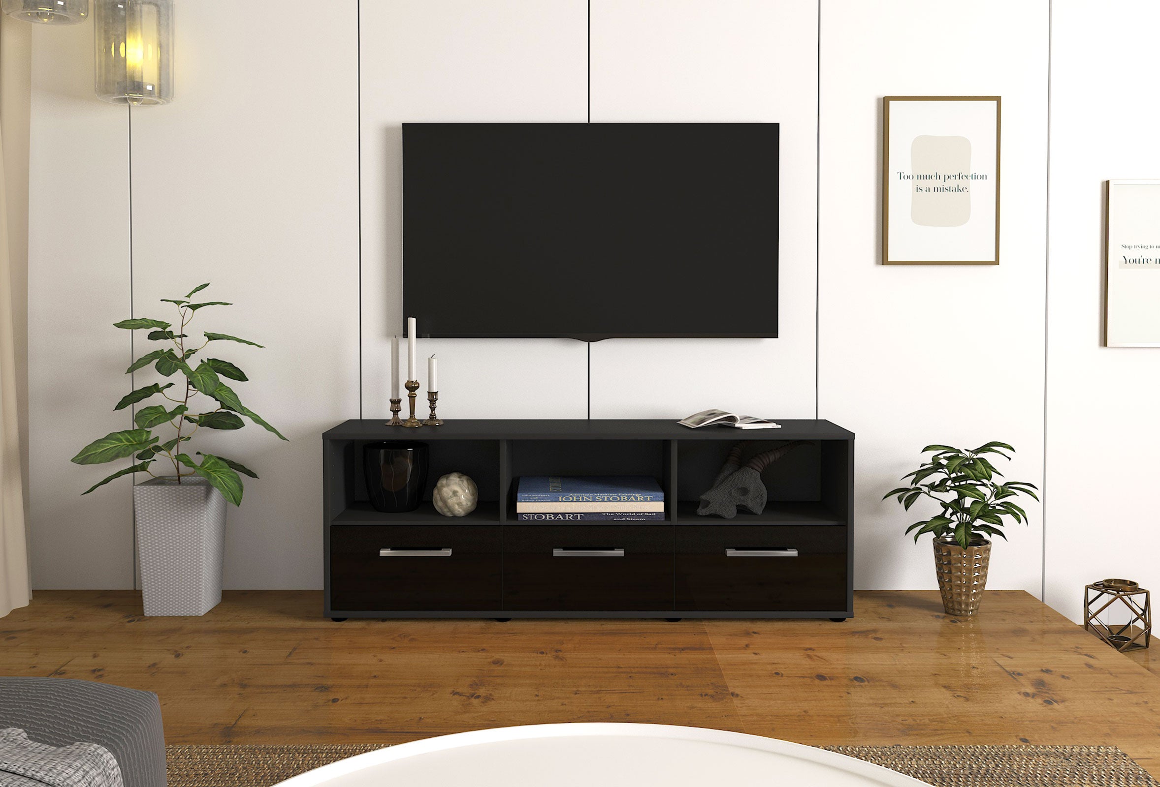 Lowboard - Amalia - Design Hochglanz - Freistehend mit Griffe 136 cm Anthrazit