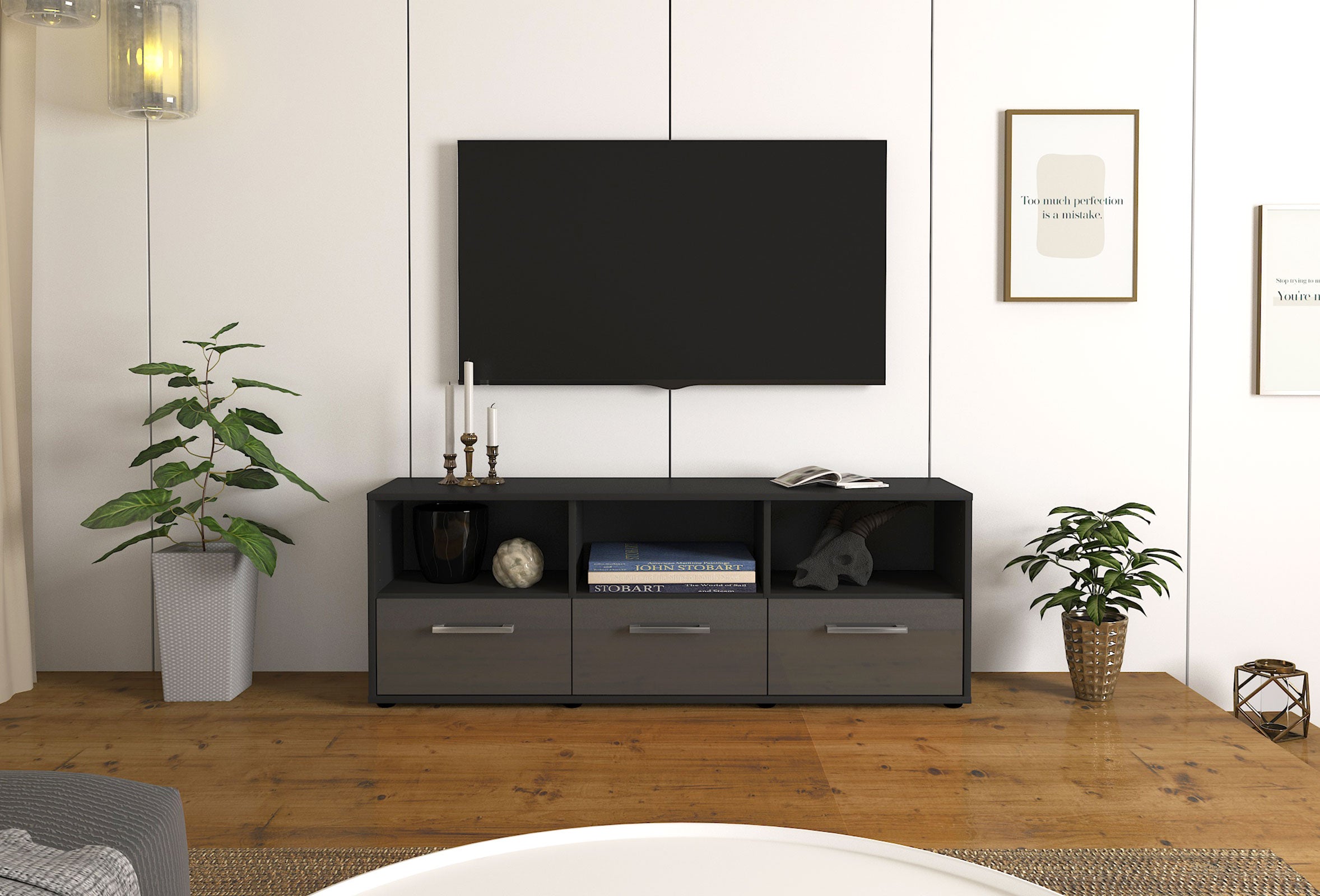Lowboard - Amalia - Design Hochglanz - Freistehend mit Griffe 136 cm Anthrazit