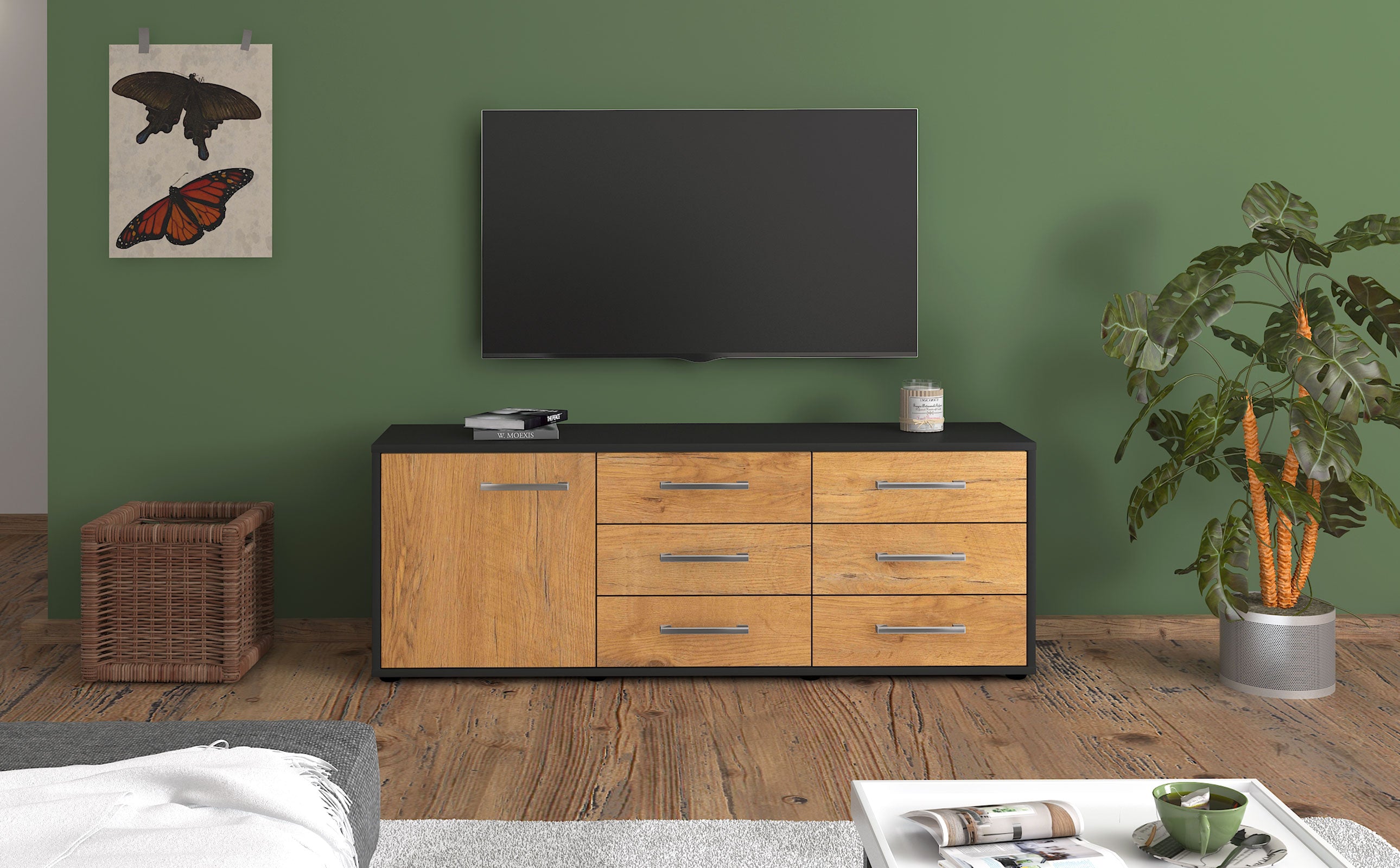 Lowboard - Amedea - Design Holzdekor - Freistehend mit Griffe 136 cm Anthrazit