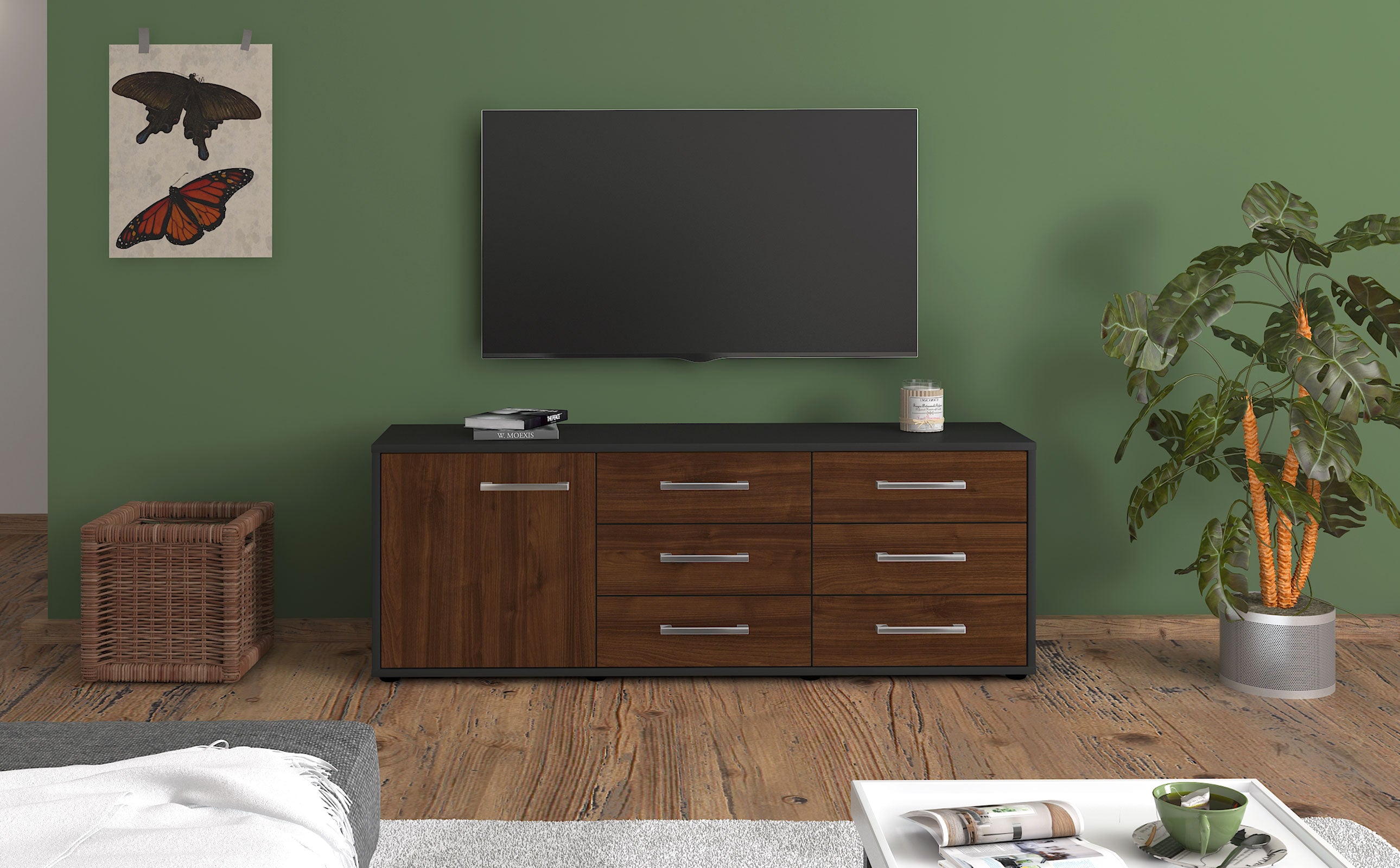 Lowboard - Amedea - Design Holzdekor - Freistehend mit Griffe 136 cm Anthrazit