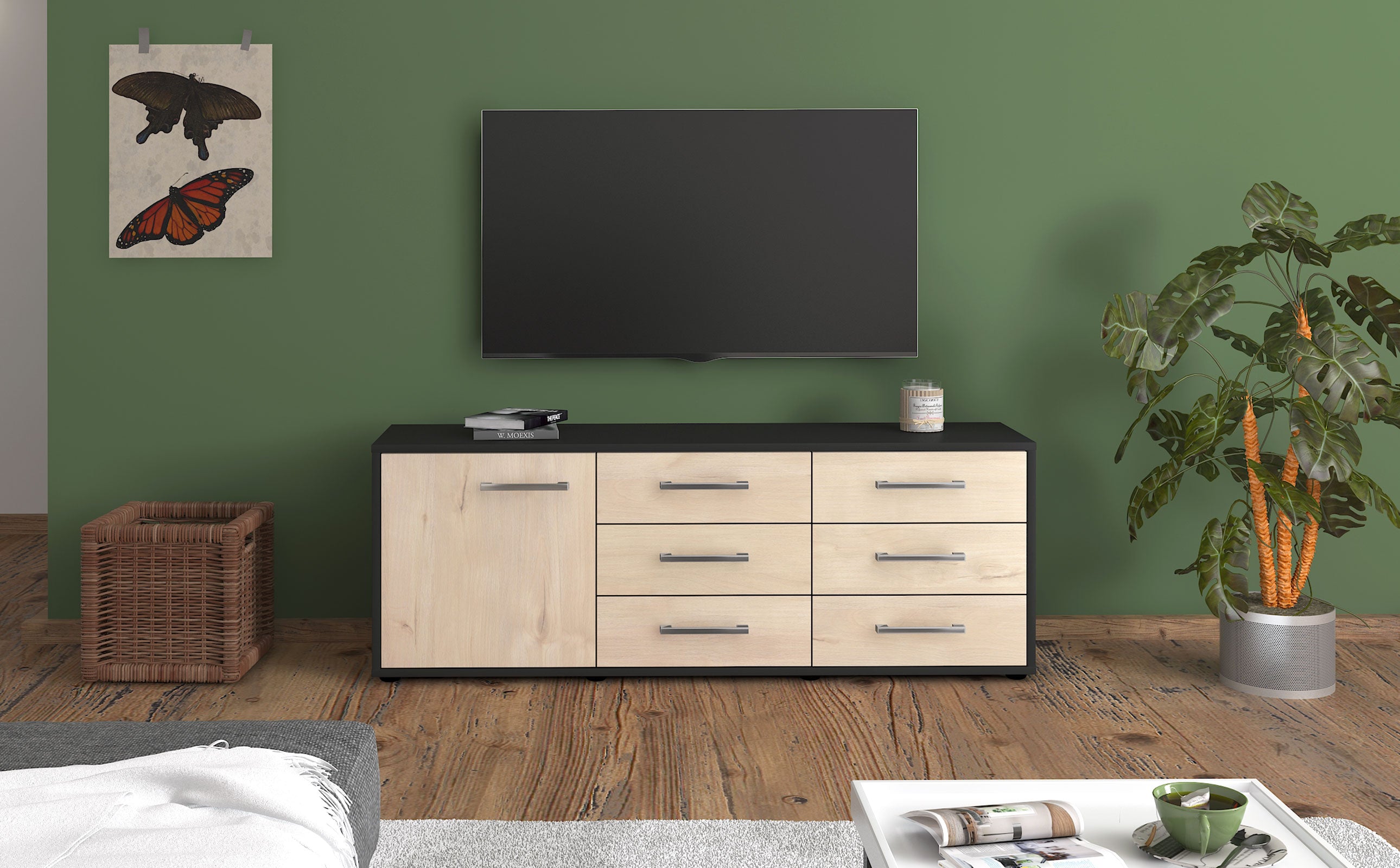 Lowboard - Amedea - Design Holzdekor - Freistehend mit Griffe 136 cm Anthrazit