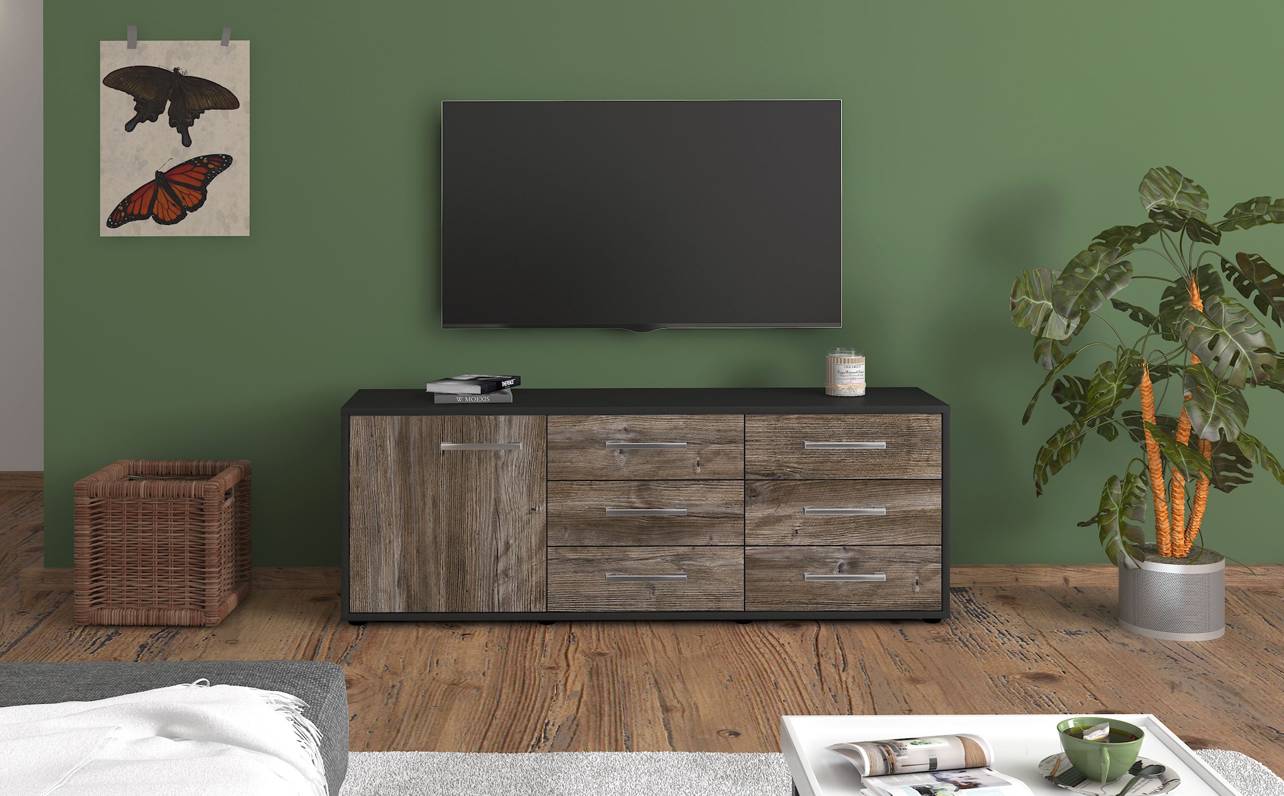 Lowboard - Amedea - Design Holzdekor - Freistehend mit Griffe 136 cm Anthrazit