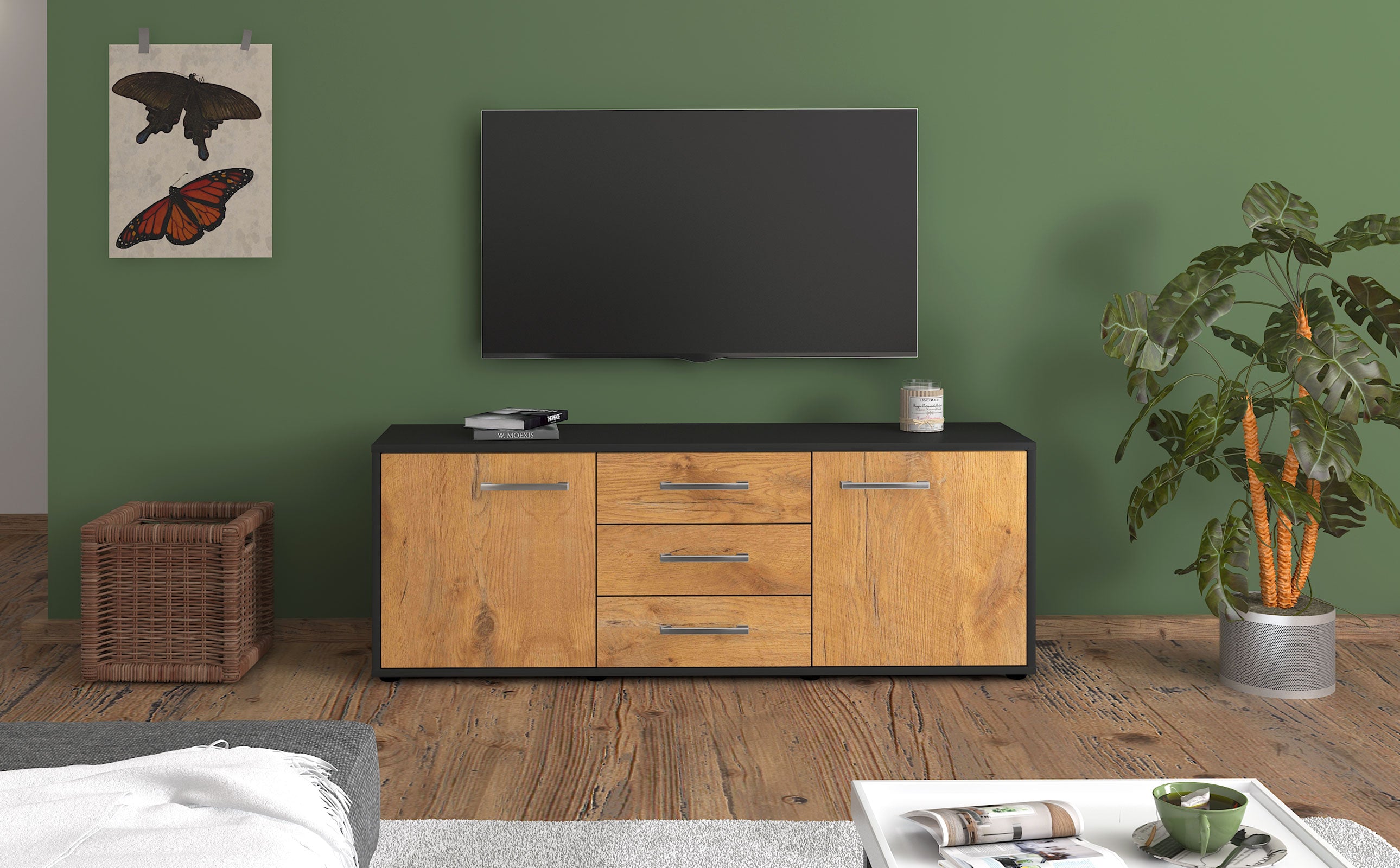 Lowboard - Ameline - Design Holzdekor - Freistehend mit Griffe 136 cm Anthrazit