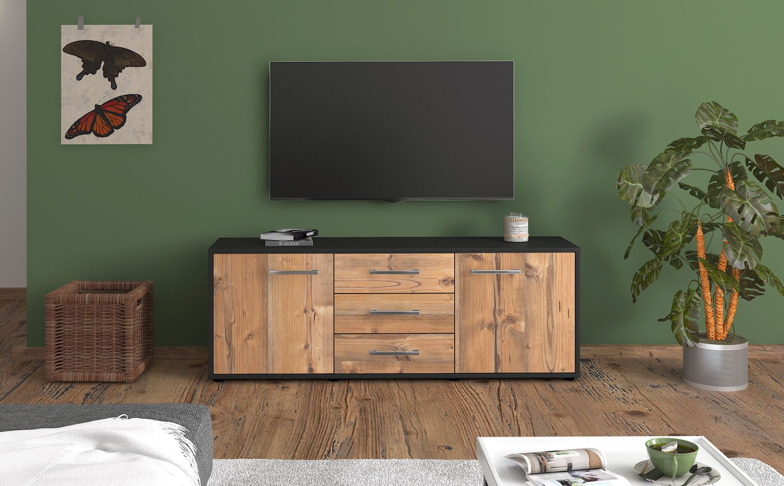 Lowboard - Ameline - Design Holzdekor - Freistehend mit Griffe 136 cm Anthrazit