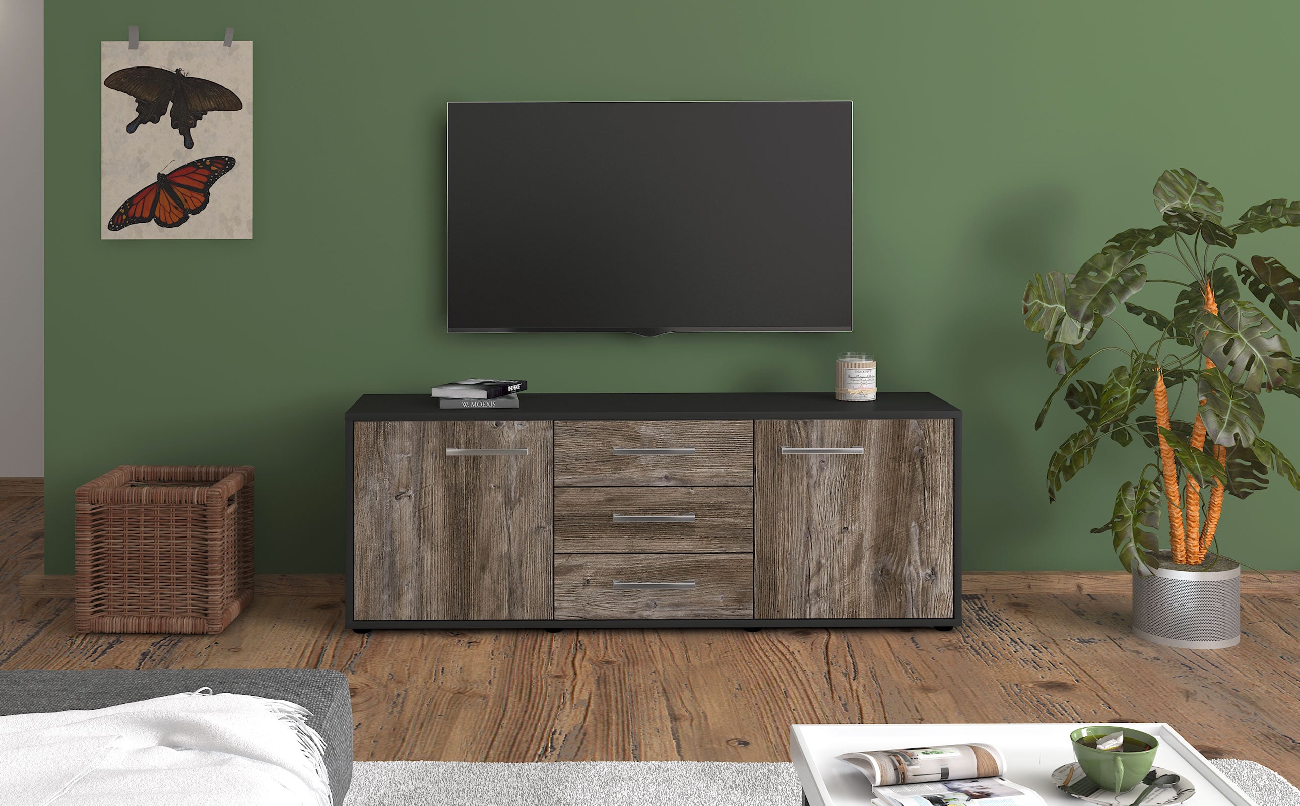 Lowboard - Ameline - Design Holzdekor - Freistehend mit Griffe 136 cm Anthrazit