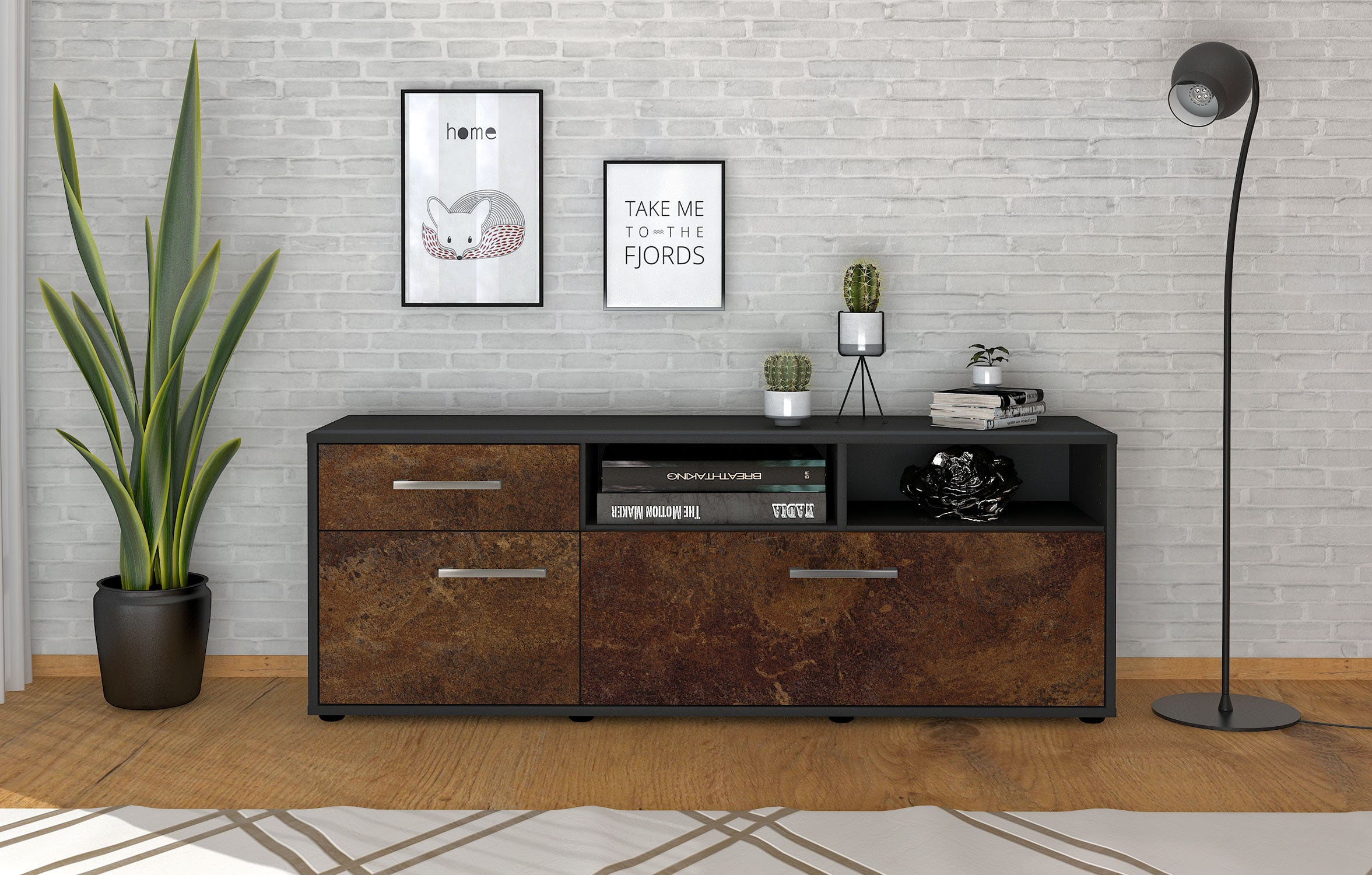 Lowboard - Amisa - Design Industrie Stil - Freistehend mit Griffe 136 cm Anthrazit