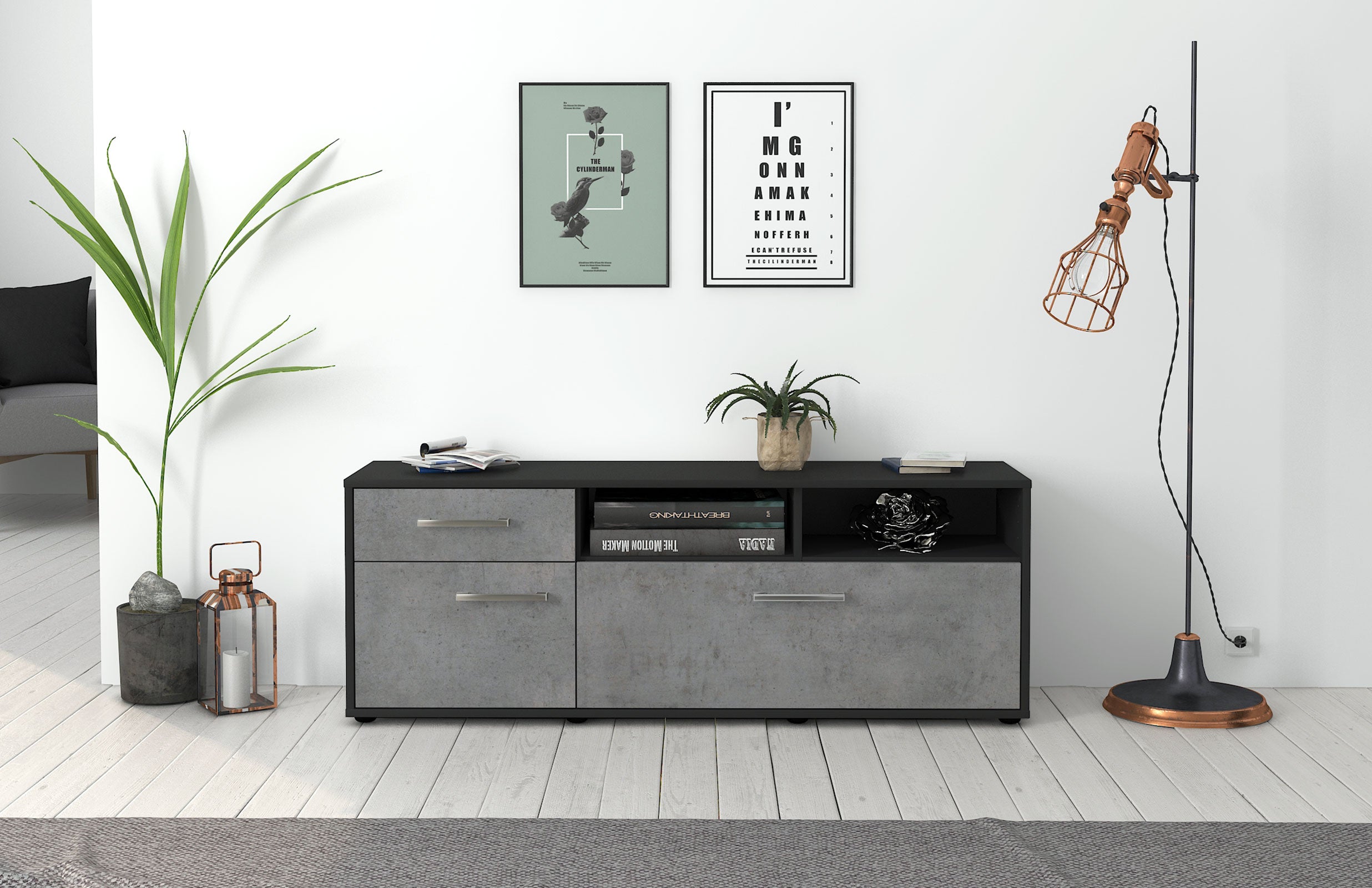 Lowboard - Amisa - Design Industrie Stil - Freistehend mit Griffe 136 cm Anthrazit