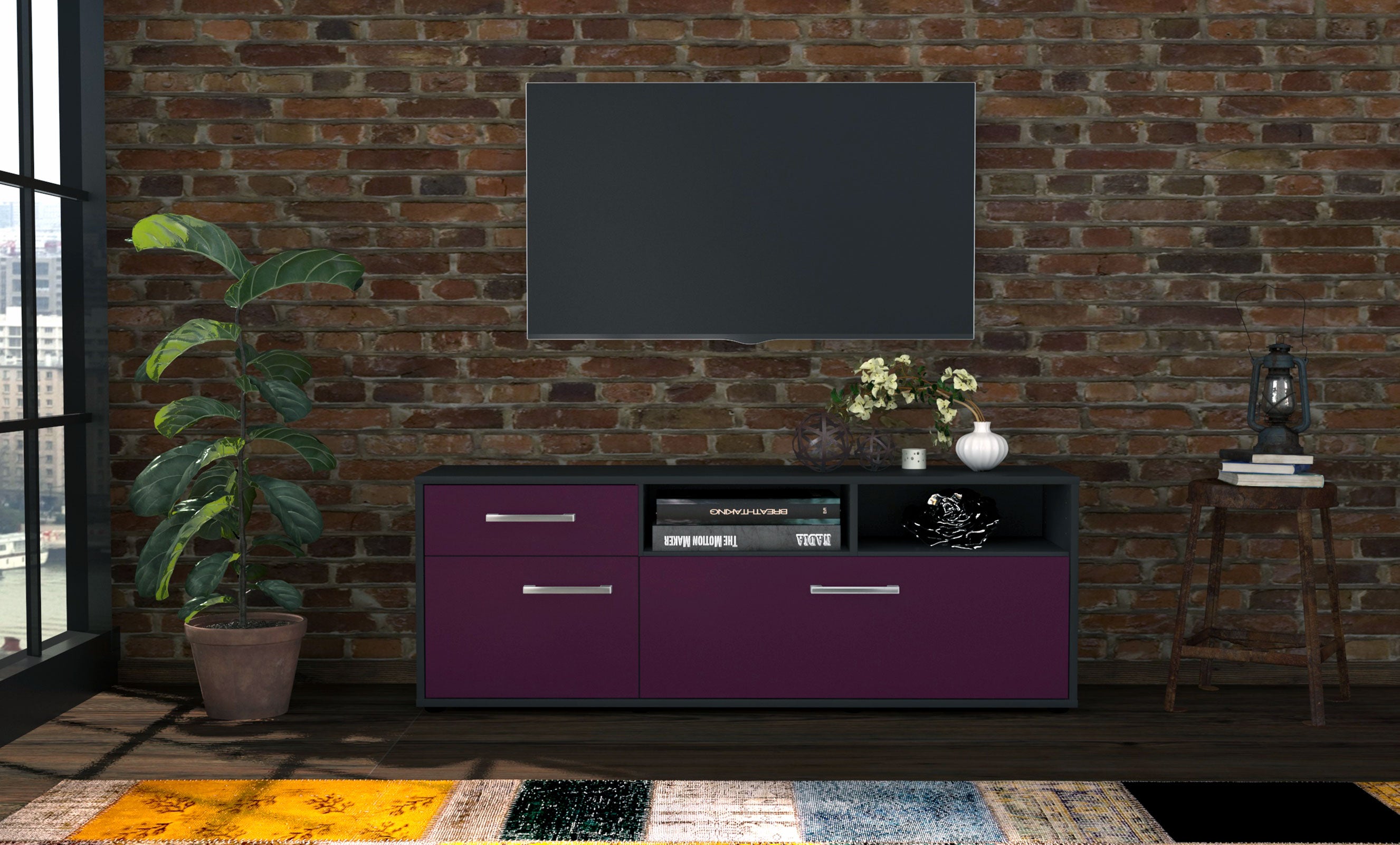 Lowboard - Amisa - Design Farbakzent - Freistehend mit Griffe 136 cm Anthrazit